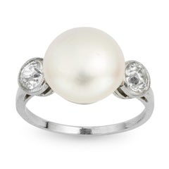 Natural Pearl and Diamond Three-Stone Ring