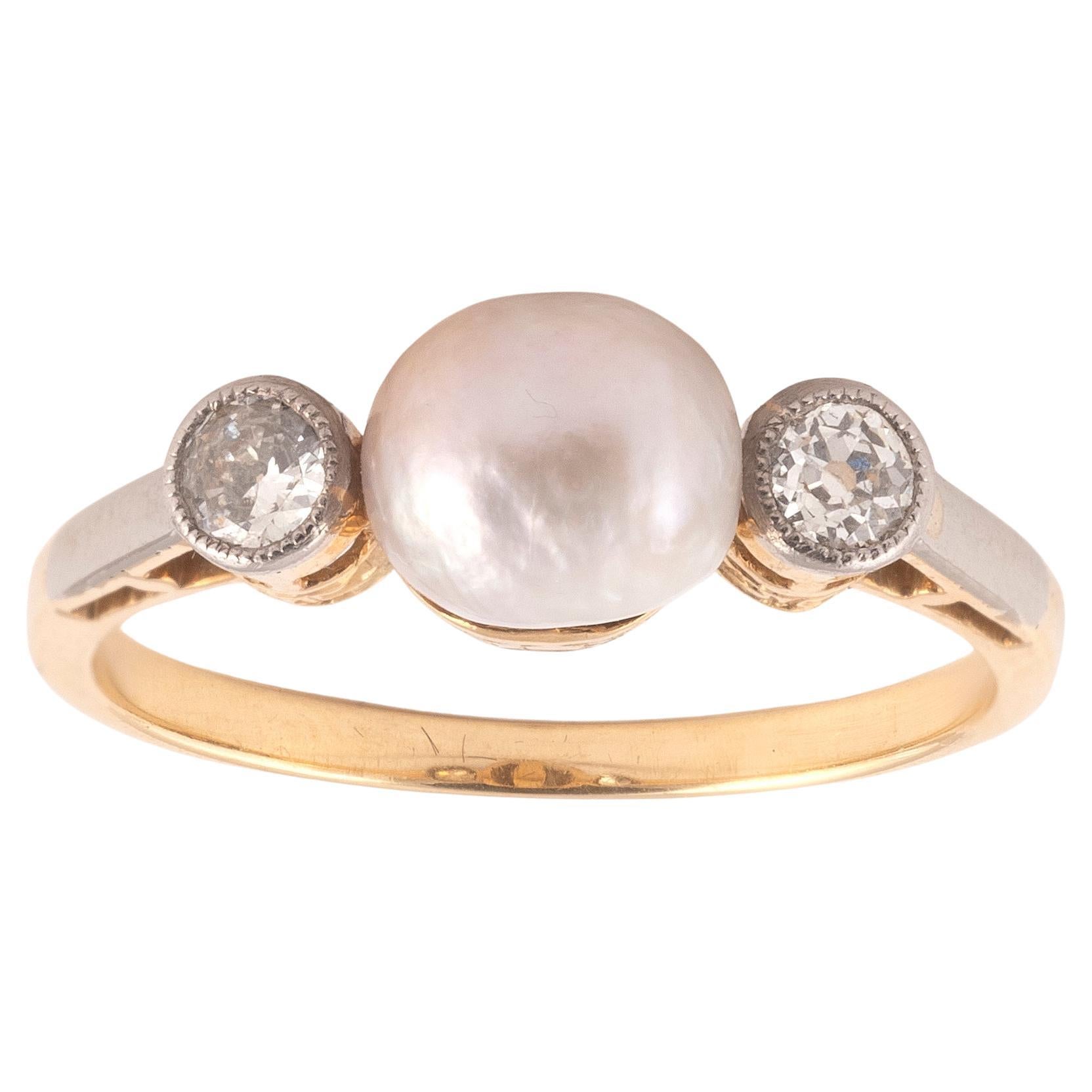 Old European Cut A Natural Pearl And Old Cut Diamond Ring Circa 1910 For Sale