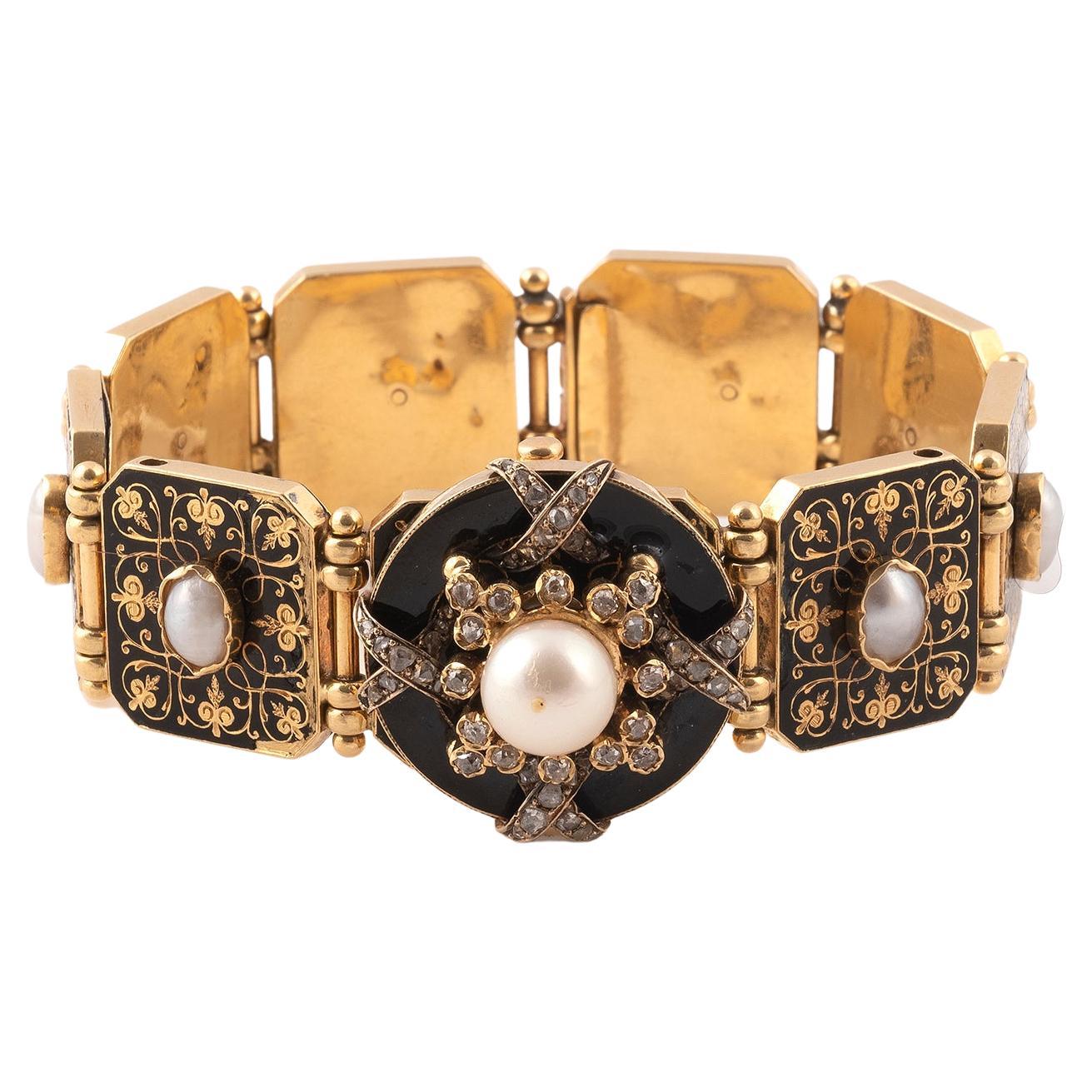Napoleon III Natural Pearl Diamond Enamel and Yellow Gold Bracelet