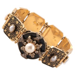 Antique Natural Pearl Diamond Enamel and Yellow Gold Bracelet