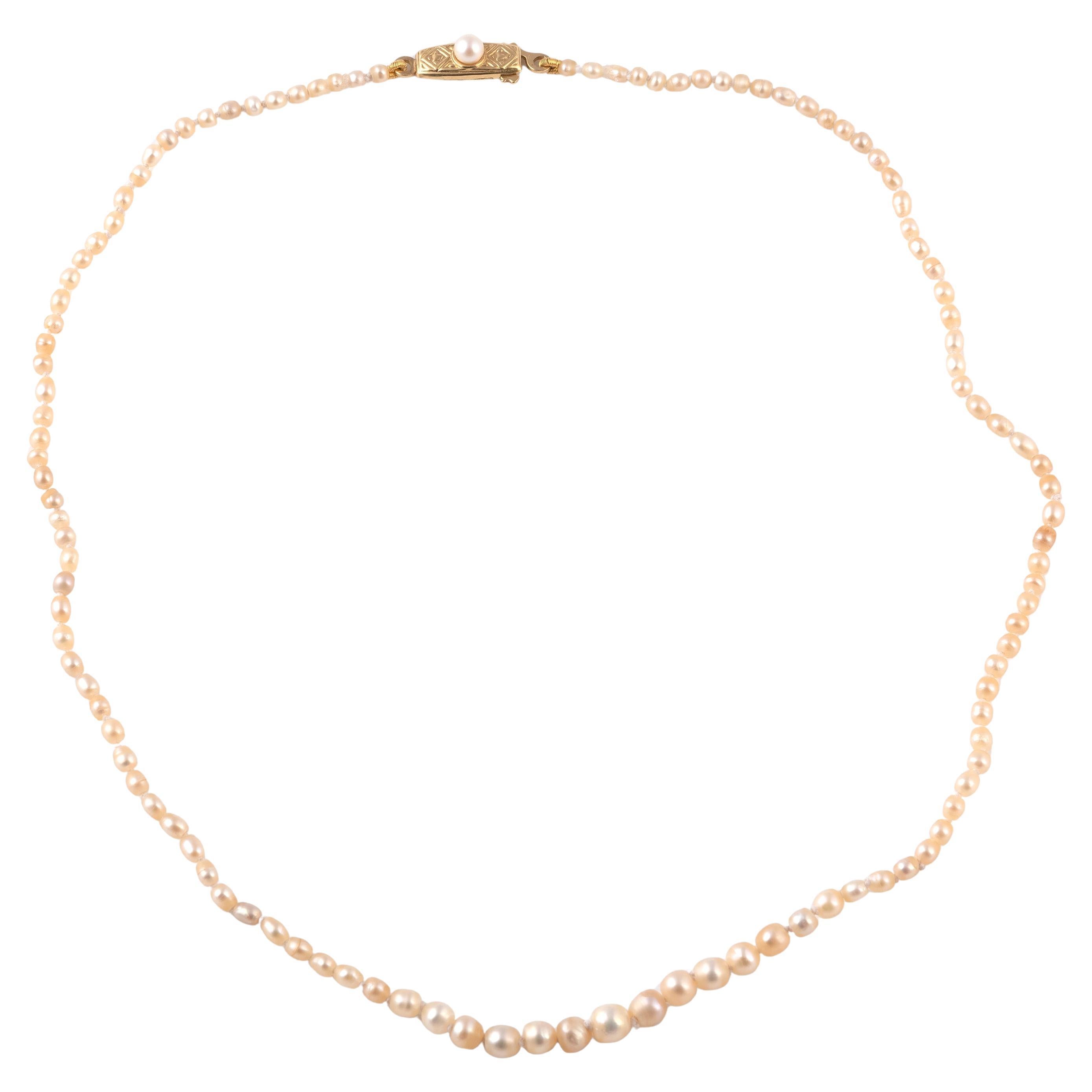 Le rang gradué de perles naturelles, mesurant environ 2,4-5,0 mm, à un fermoir en perles et en or jaune 18kt, 45 cm de long.

Dans son étui d'origine en cuir marron.