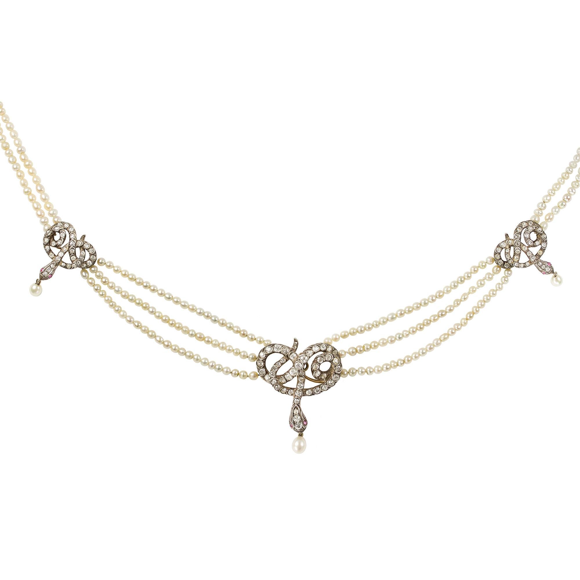 Brilliant Cut Natural Pearl Necklace with Diamond Set Snakes For Sale