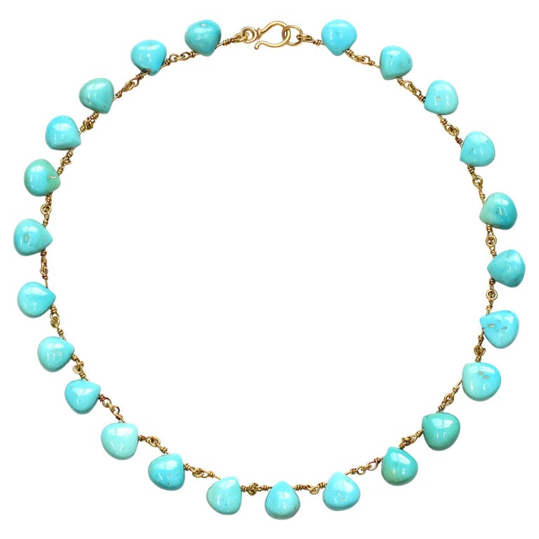 Natural Turquoise Beaded Necklace Set in 18K Yellow Gold at