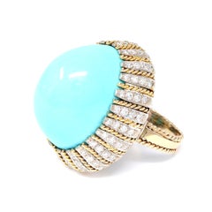 Natural Turquoise Cabochon and Diamond Cocktail Ring c.1970 in 14k