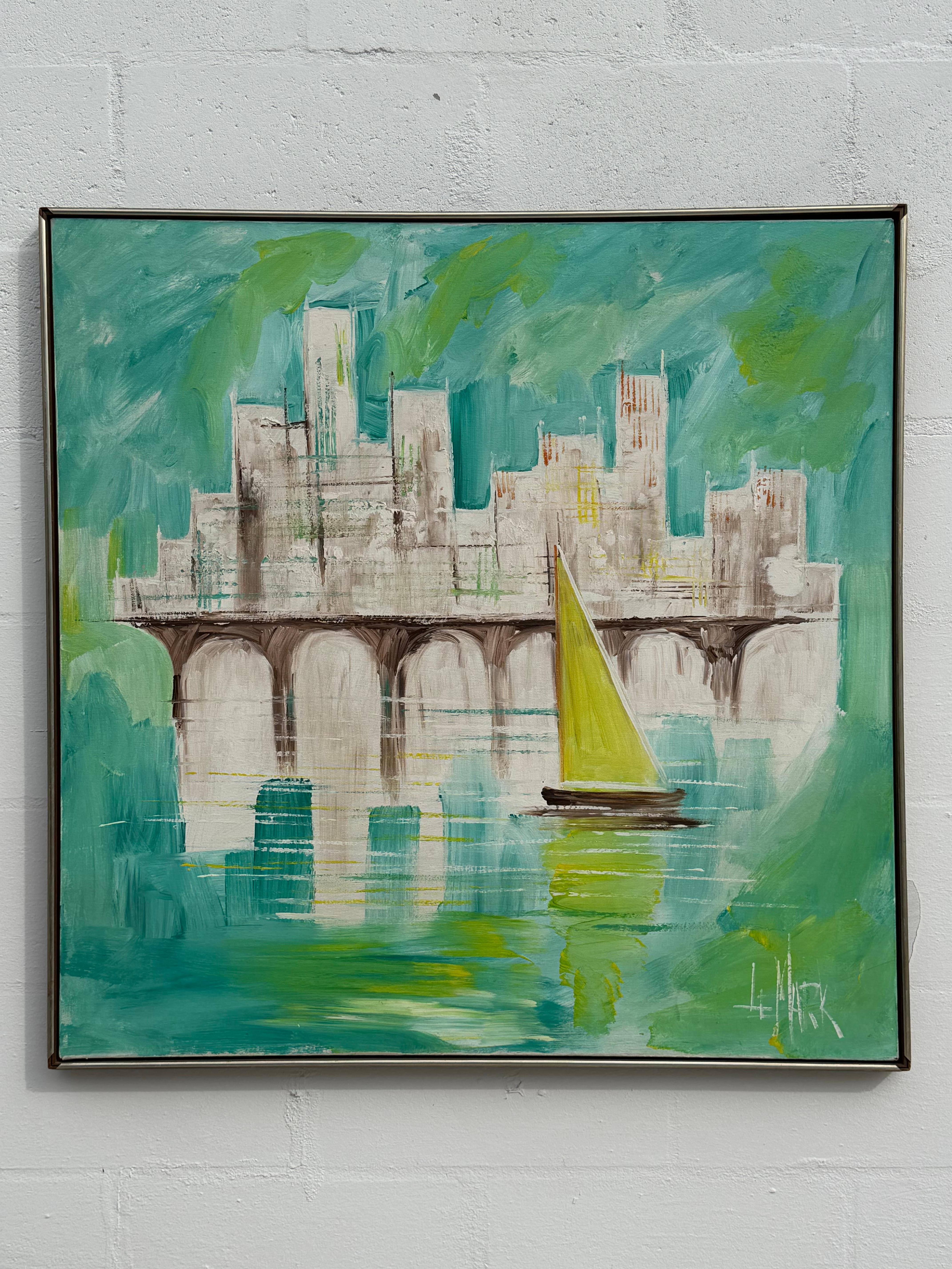 Das Bild ist ein modernes Gemälde aus der Mitte des Jahrhunderts, signiert vom Künstler LeMark.
Es handelt sich um ein Original in Öl auf Leinwand, das ein stilisiertes Segelboot vor dem Hintergrund einer Stadtkulisse zeigt.
Es ist in einer