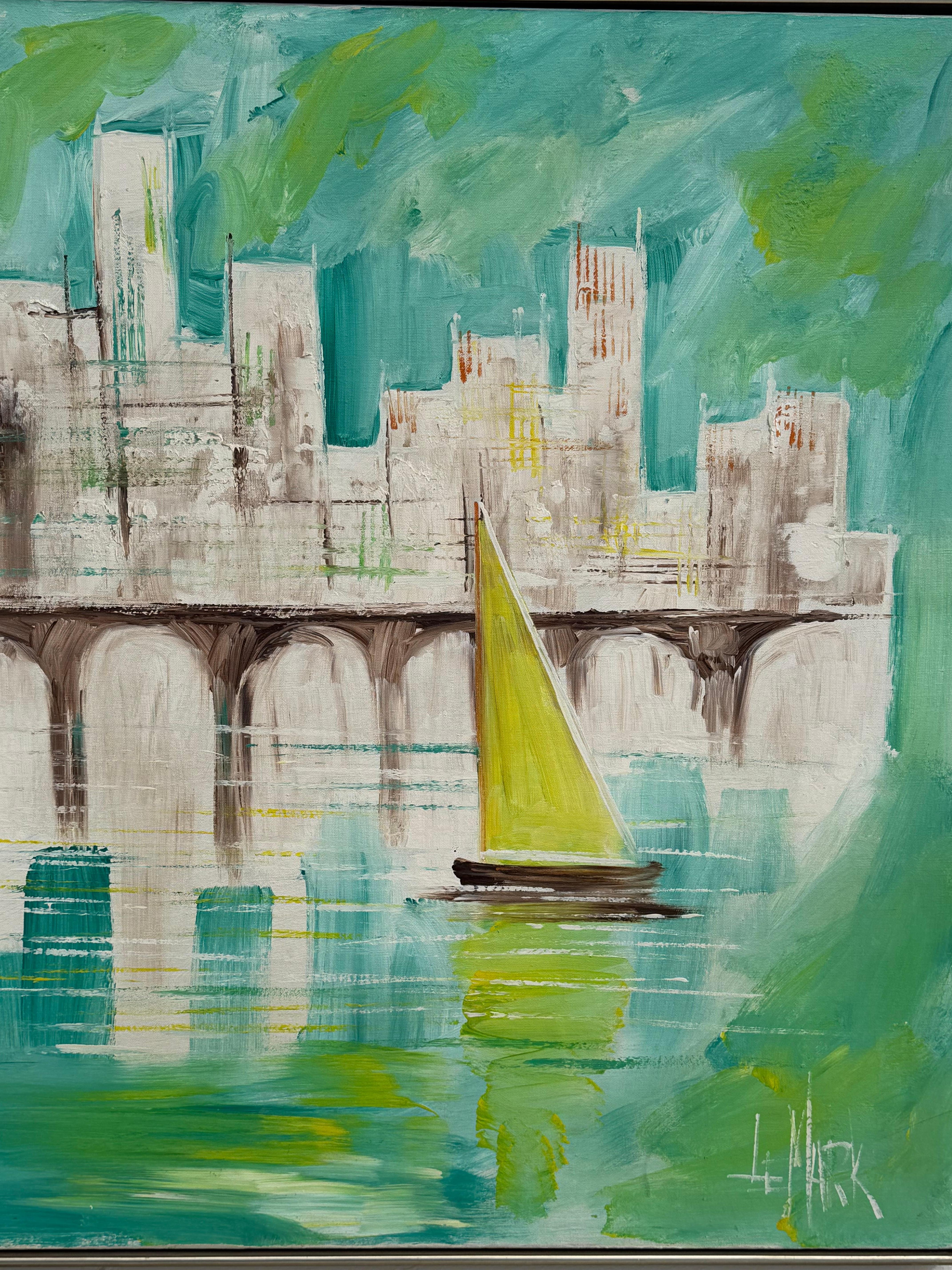 Ein nautisches Gemälde von Le Mark Harbor Scene Mid Century Aqua Blue (Moderne der Mitte des Jahrhunderts) im Angebot