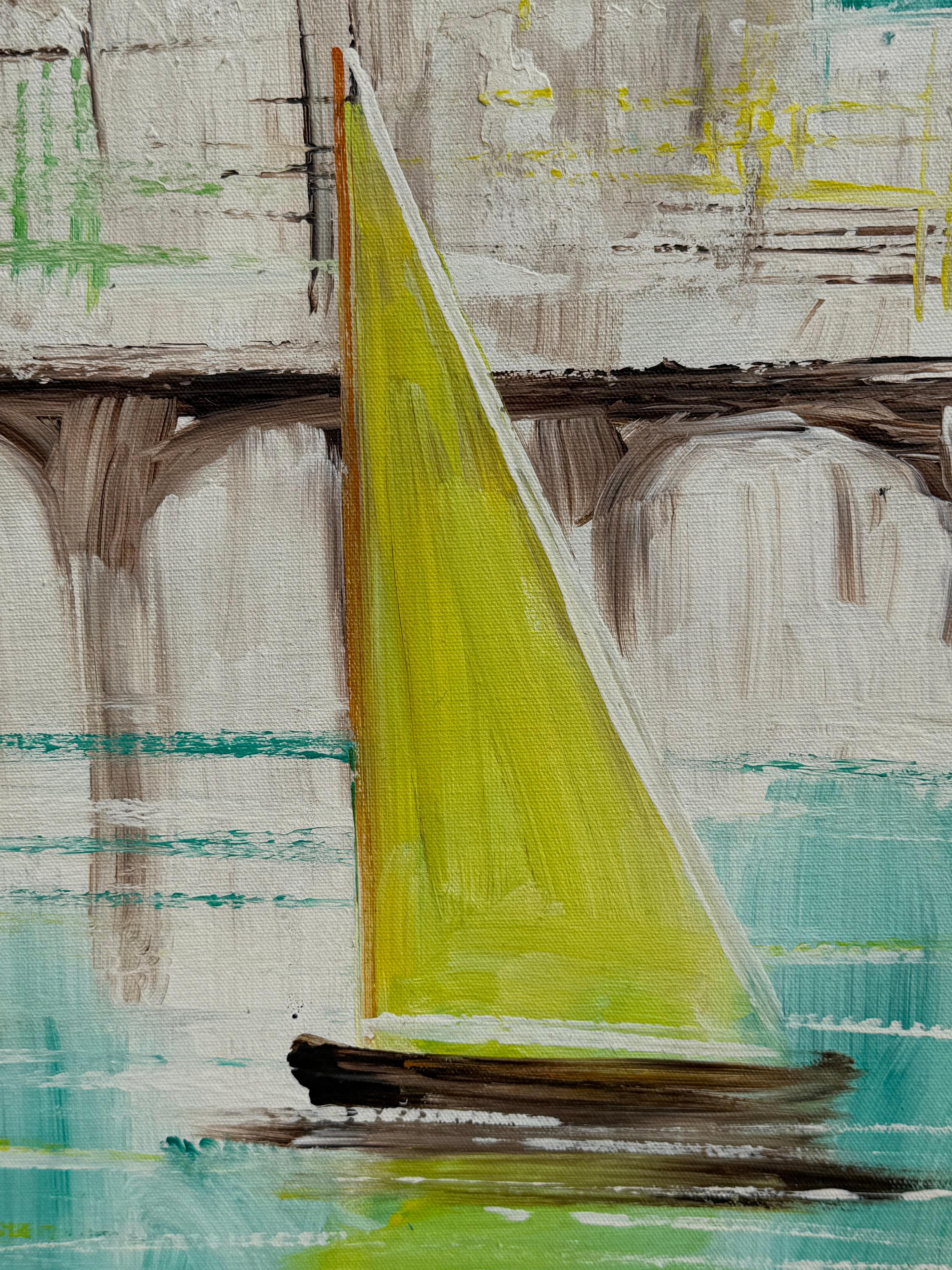 Ein nautisches Gemälde von Le Mark Harbor Scene Mid Century Aqua Blue im Zustand „Gut“ im Angebot in St.Petersburg, FL