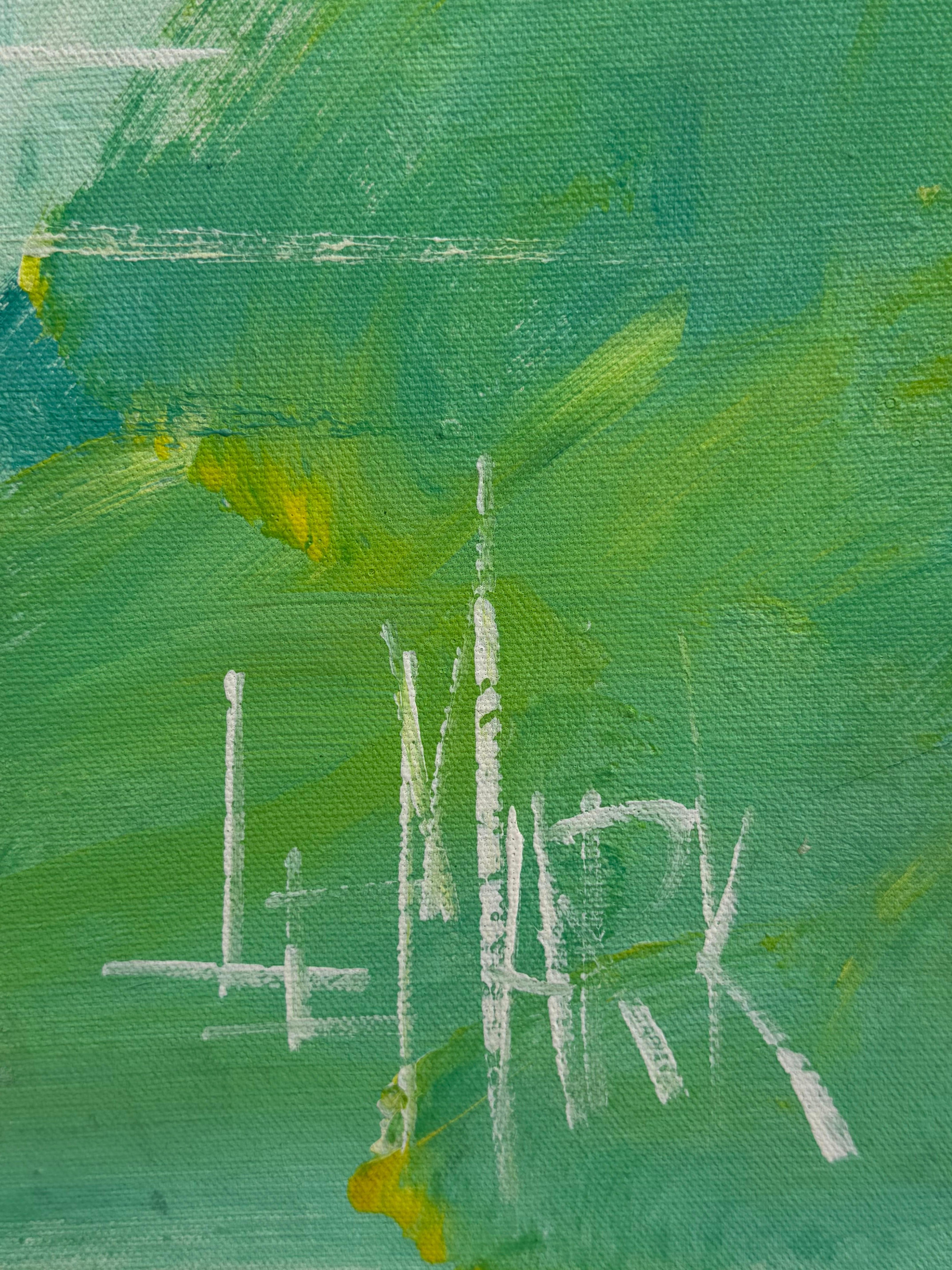 Ein nautisches Gemälde von Le Mark Harbor Scene Mid Century Aqua Blue (Ende des 20. Jahrhunderts) im Angebot