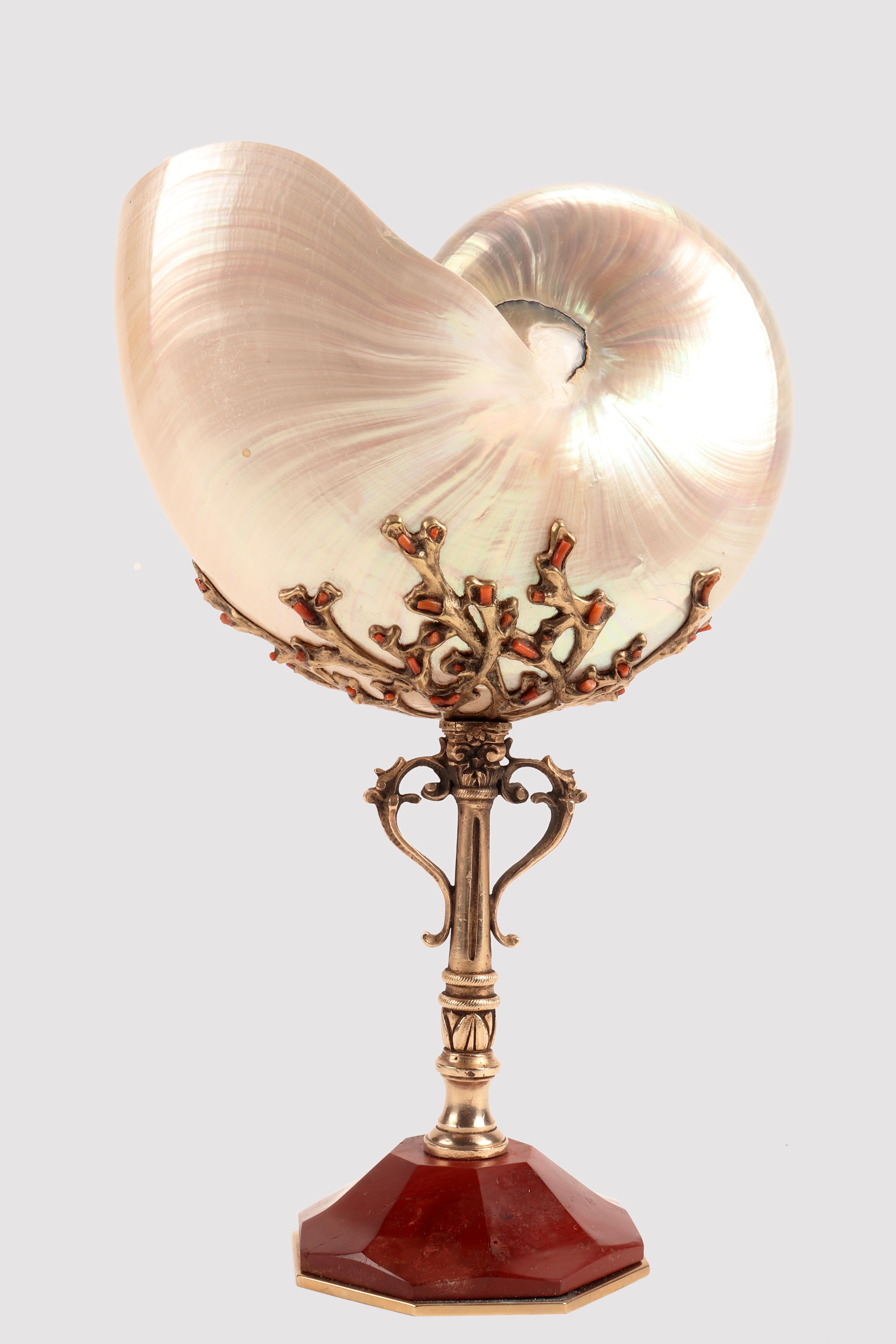 A Specimen Naturale from Wuderkammer: a Nautilus Pompilius. The Specimen is mounted on a gilded brass structure with inserts of Mediterranean red coral pieces (Corallium Rubrum). The octagonal base is made of bloodstone. Trapani, Italy circa 1870.