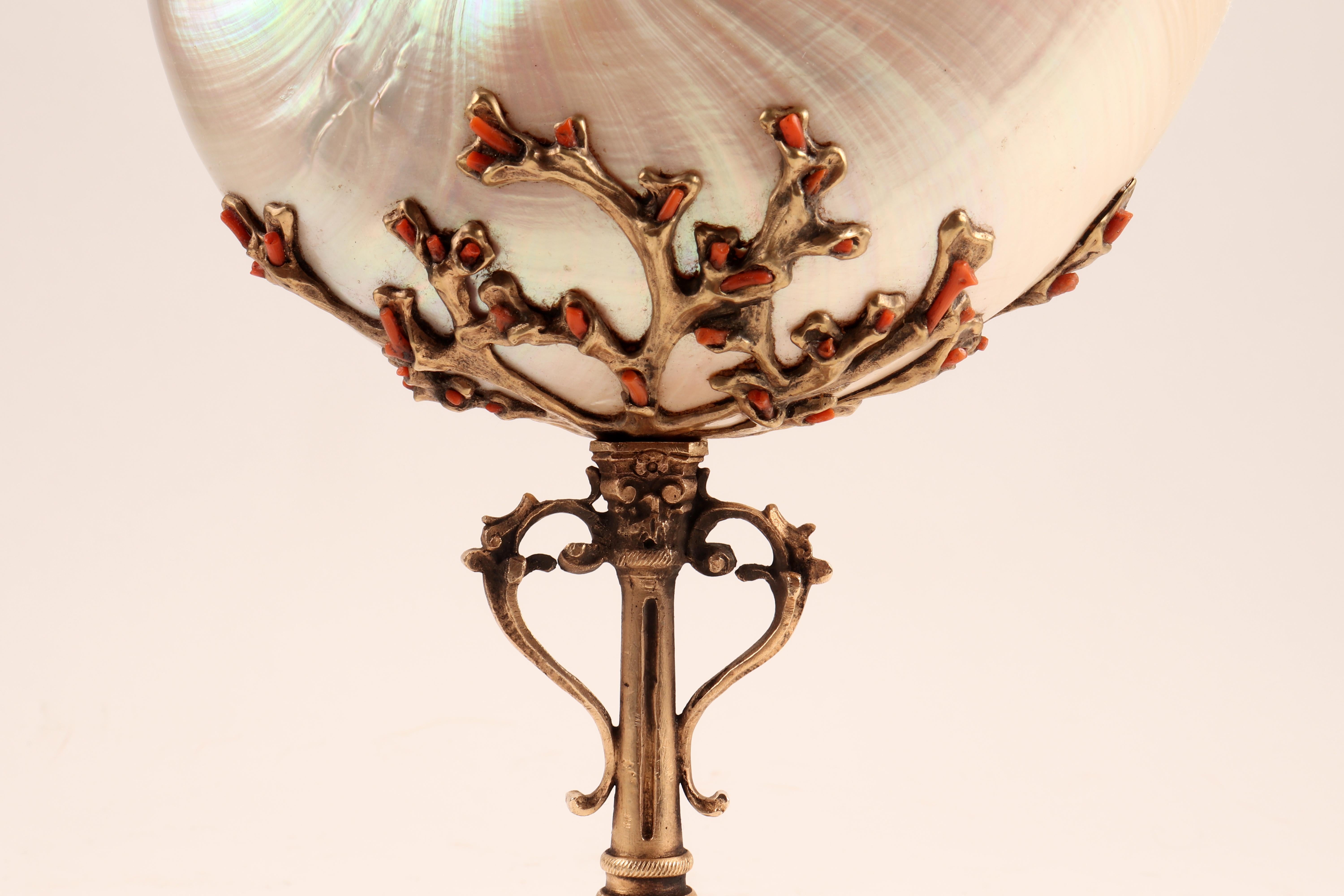 19th Century Nautilus Pompilius Mounted with Pieces of Coral from Trapani, Italy, 1870