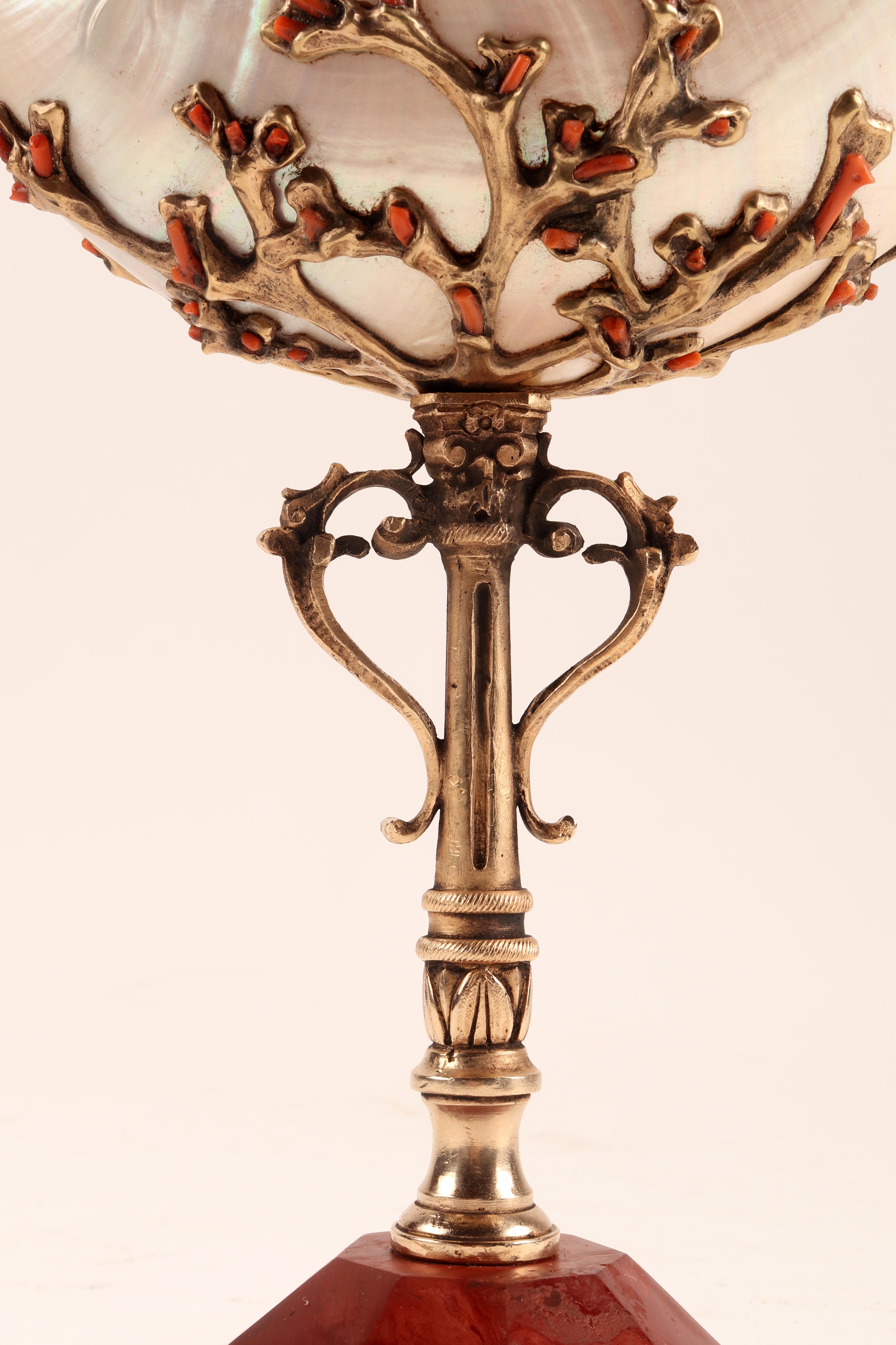 Brass Nautilus Pompilius Mounted with Pieces of Coral from Trapani, Italy, 1870