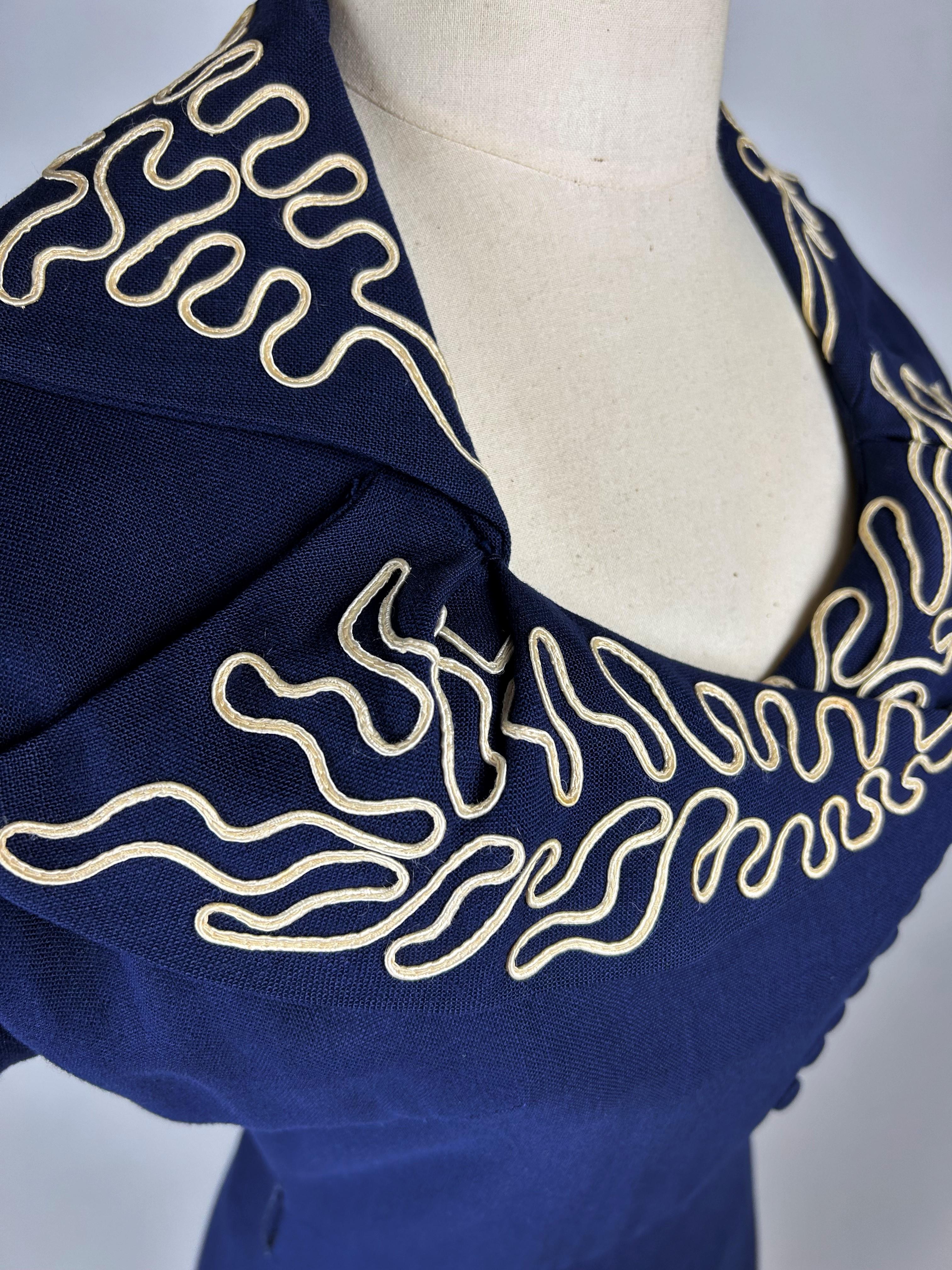 A Navy French Day Dress with white piping appliqué Circa 1945-1950 For Sale 12