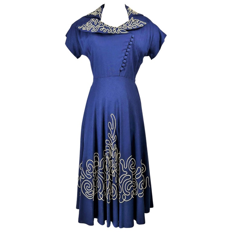 A Navy French Day Dress with white piping appliqu Circa 1945-1950 For Sale  at 1stDibs