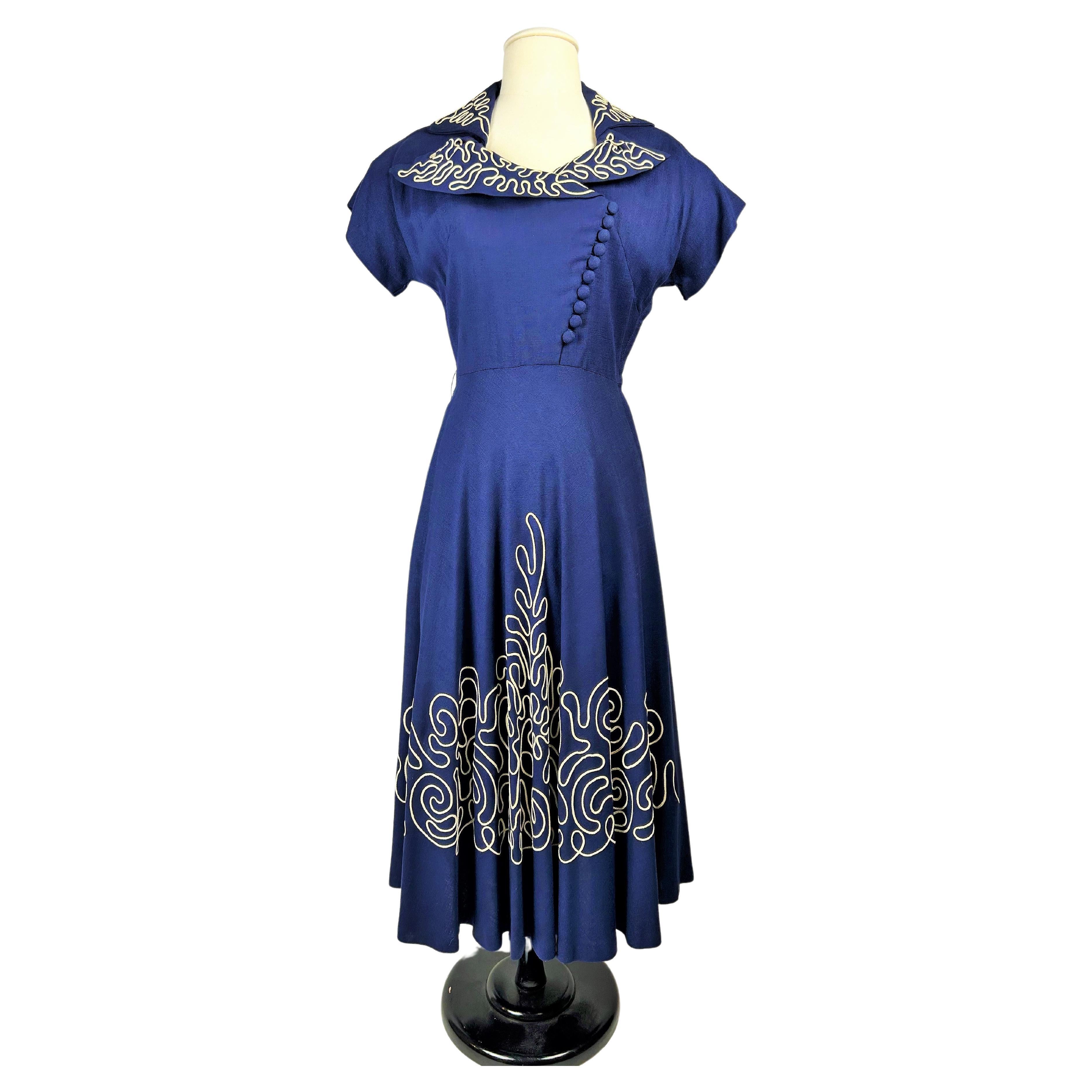 A Navy French Day Dress with white piping appliqué Circa 1945-1950 For Sale