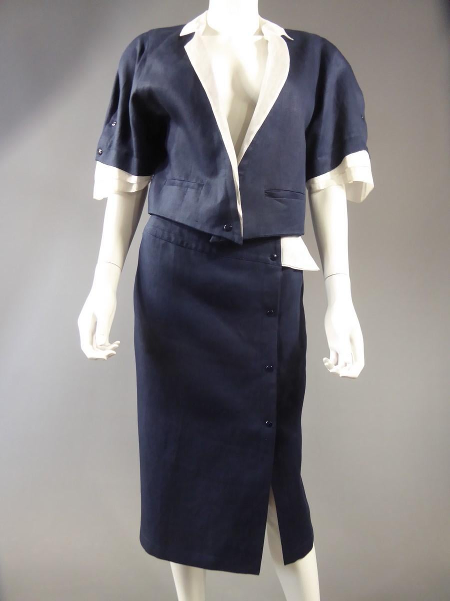 A Navy & White Organza Skirt Suit by Claude Montana - French Circa 1980 For Sale 3