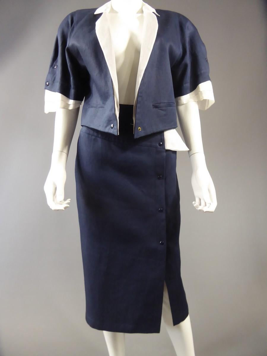A Navy & White Organza Skirt Suit by Claude Montana - French Circa 1980 For Sale 4