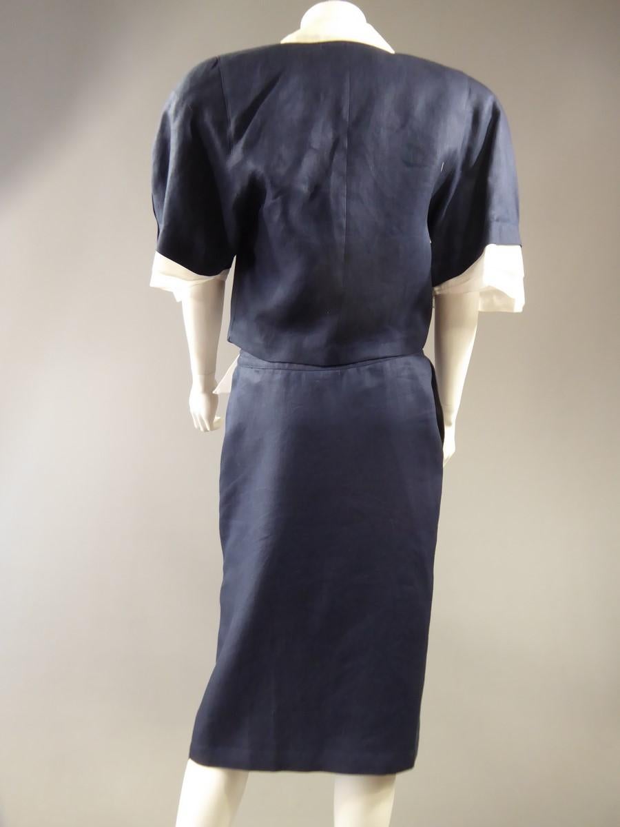 A Navy & White Organza Skirt Suit by Claude Montana - French Circa 1980 For Sale 5