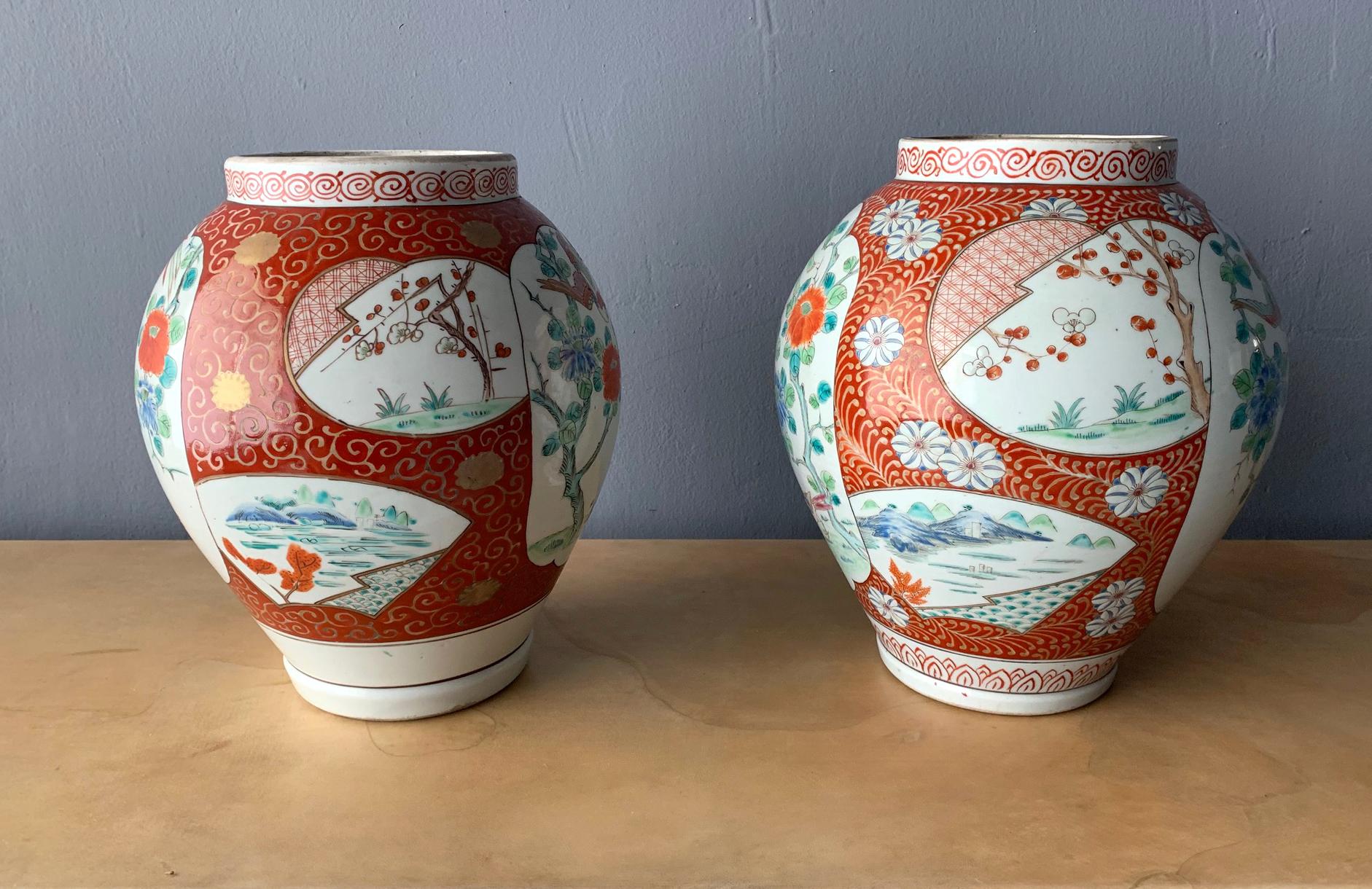 A near pair Hizen pottery jars from Artia Japan, circa mid-19th century of the Meiji Era. Heavy stoneware construction with overglaze enamels that was inspired by Chinese WuCai from Ming dynasty. The lovely patterns depicts flying phoenix over