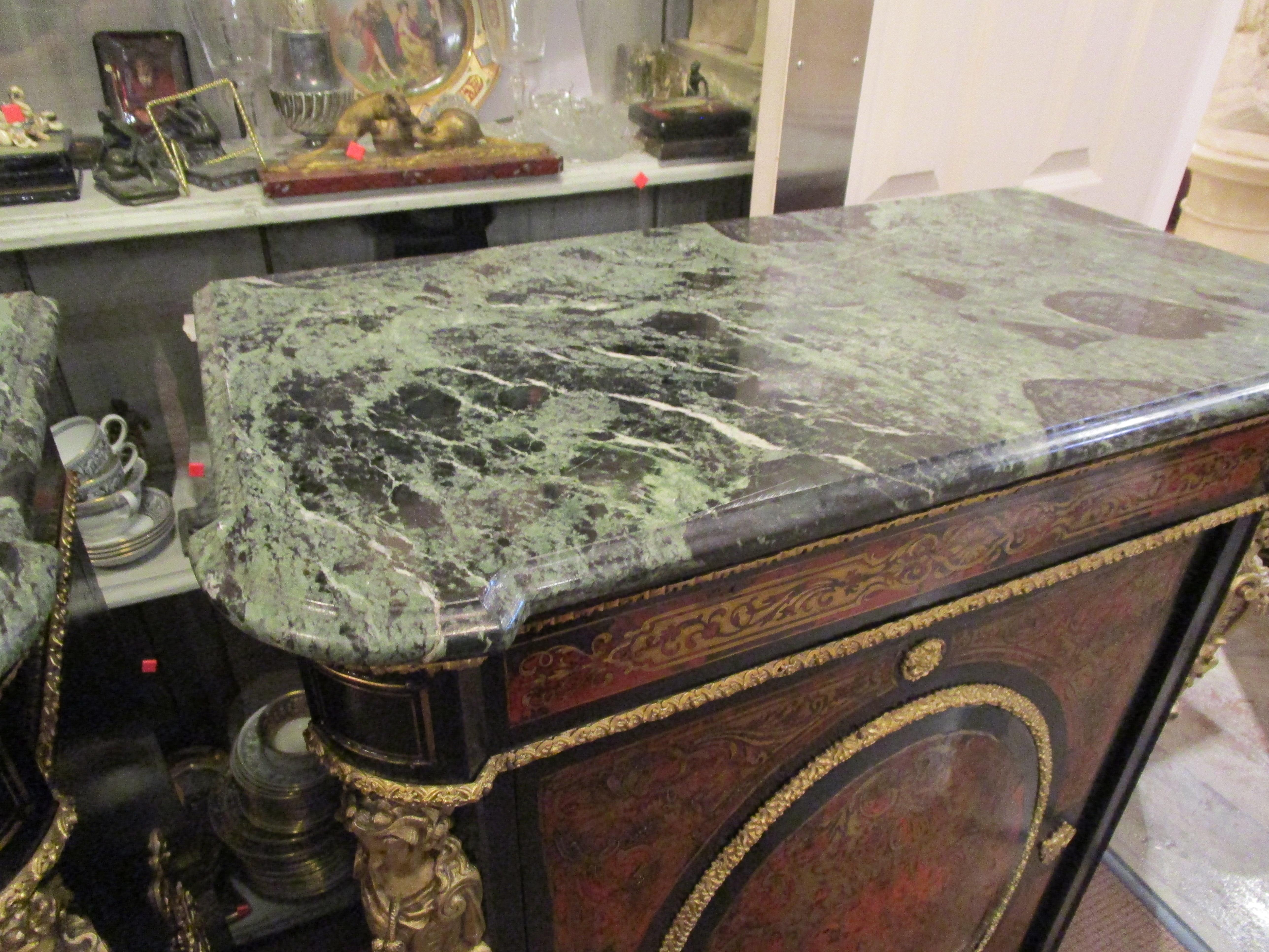 Napoleon III Near Pair of 19th Century French Boulle and Gilt Bronze Marble Top Cabinets