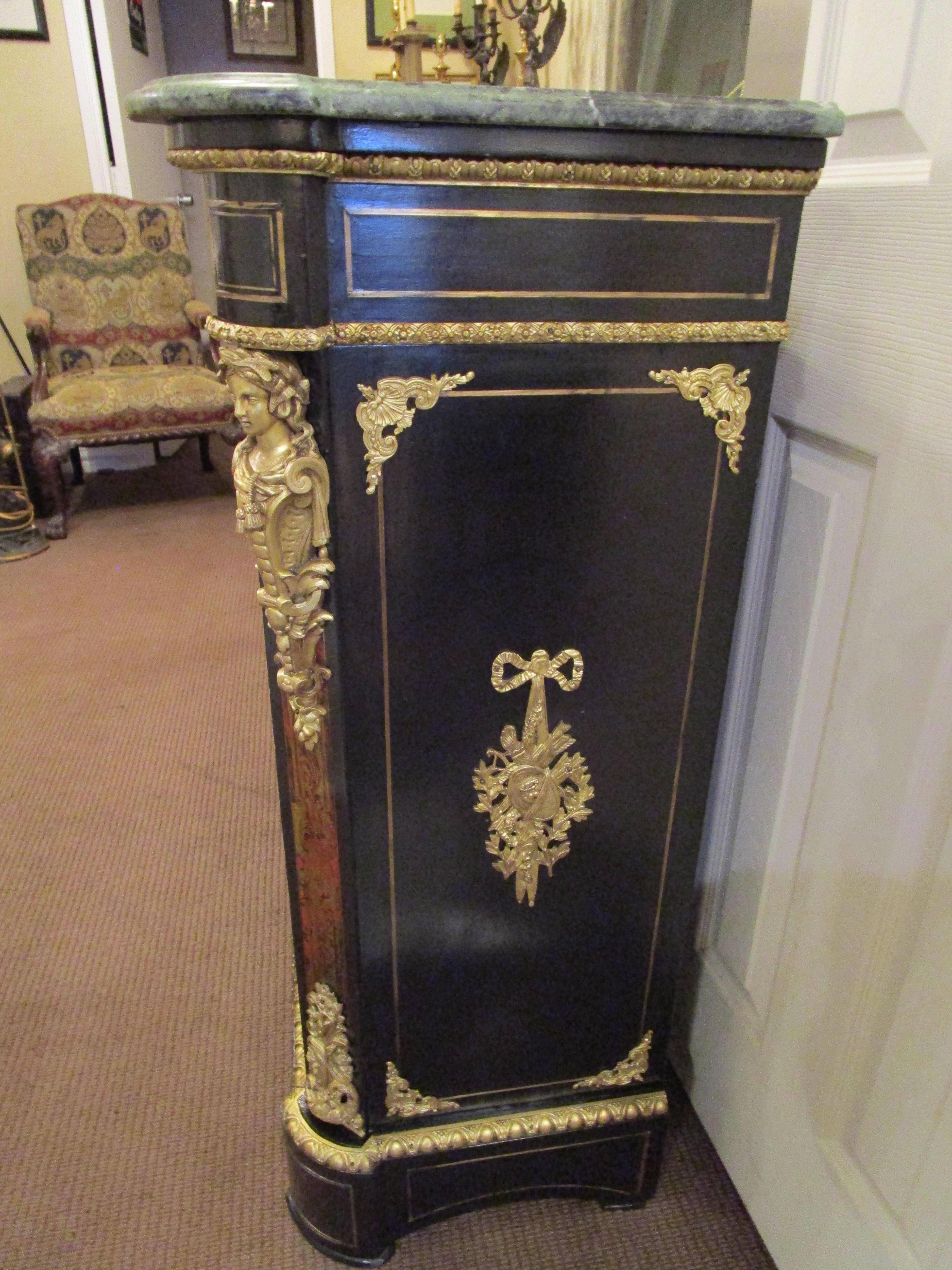 Near Pair of 19th Century French Boulle and Gilt Bronze Marble Top Cabinets 3