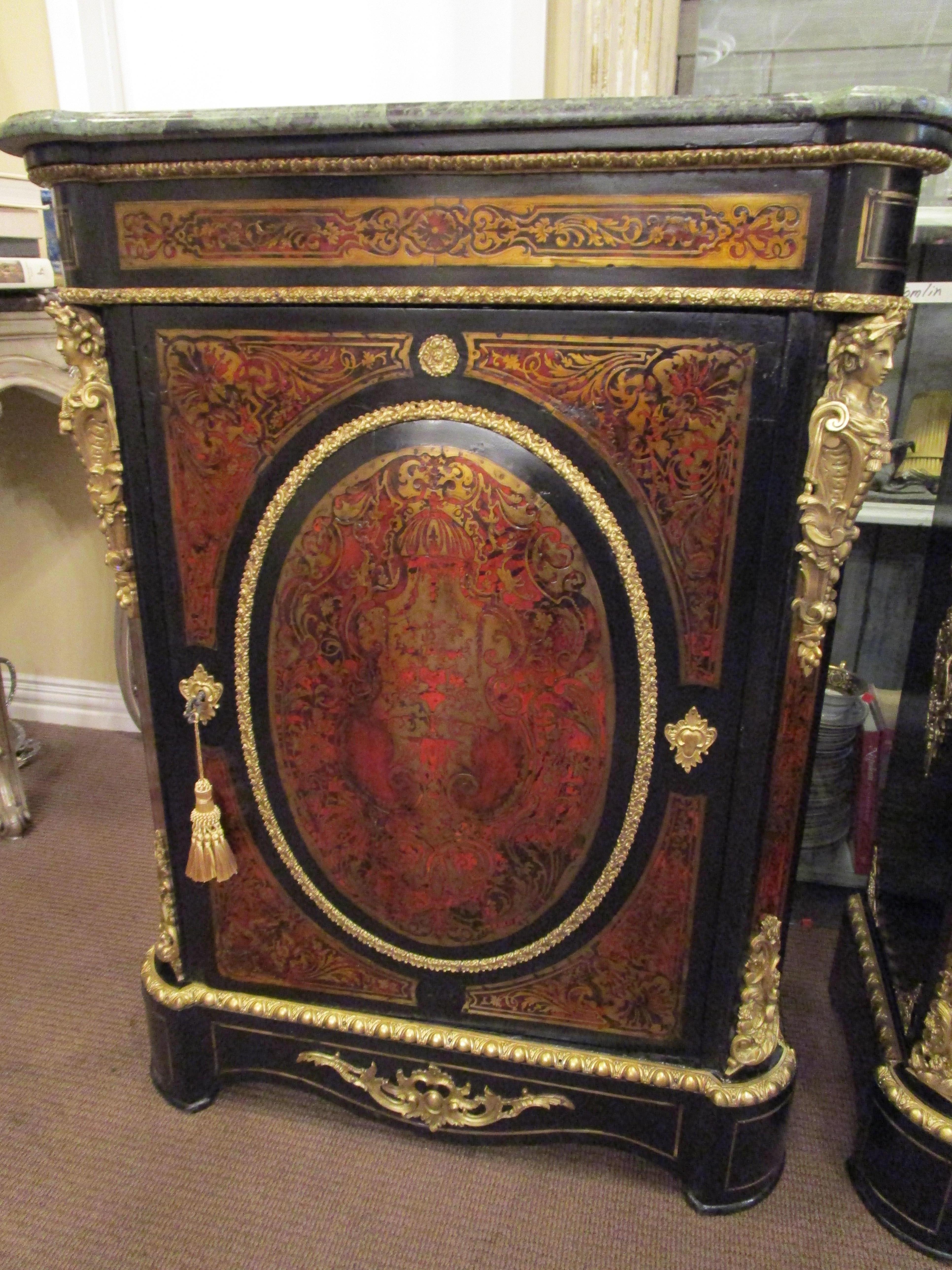 Near Pair of 19th Century French Boulle and Gilt Bronze Marble Top Cabinets 4