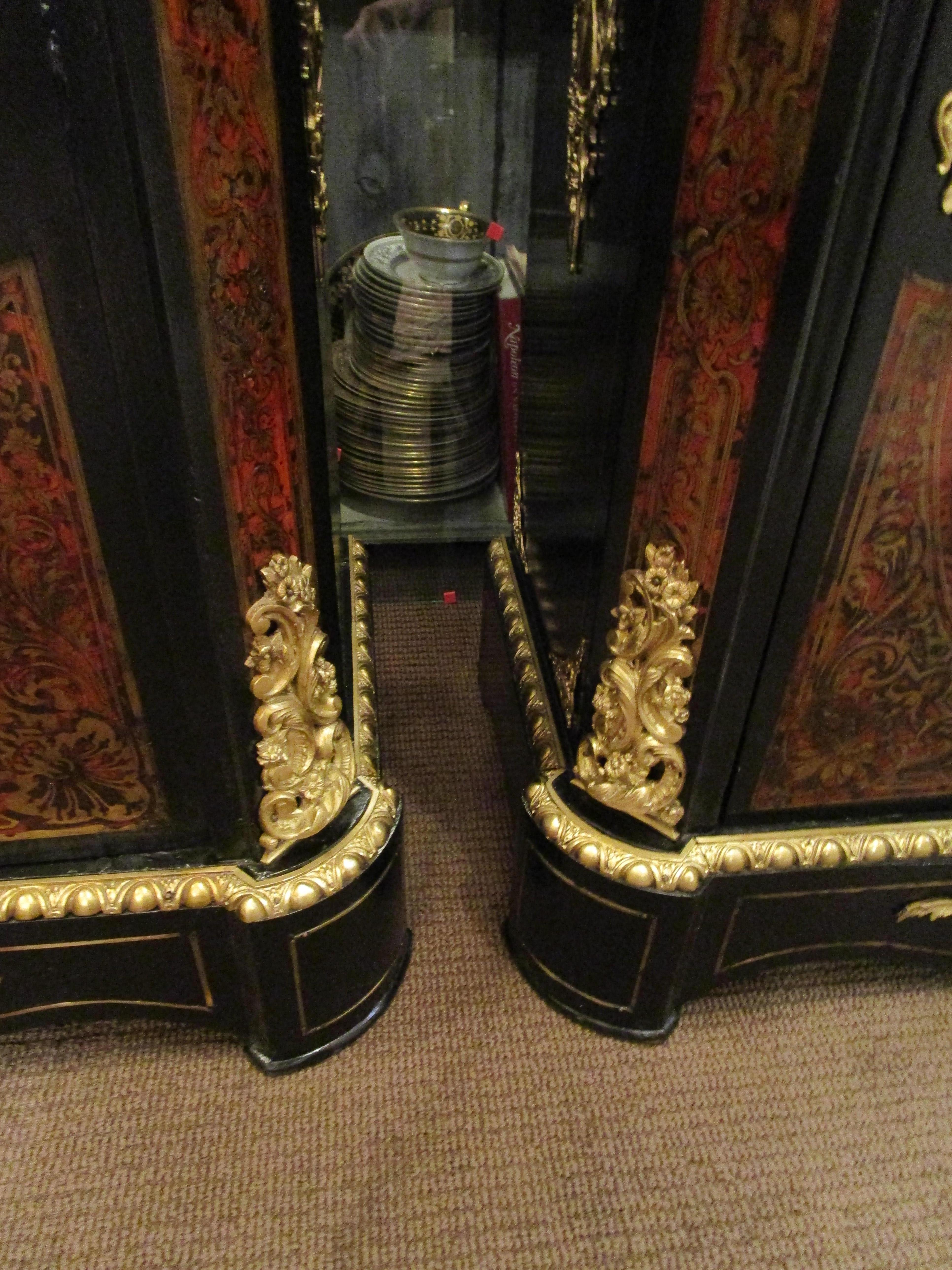 Near Pair of 19th Century French Boulle and Gilt Bronze Marble Top Cabinets 5