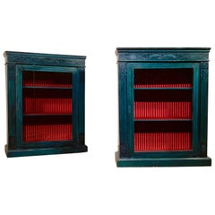 Near Pair of 20th Century Regency Style Green Painted Pier Cabinets Glazed Doors