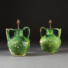 Near Pair of 20th Century French Green Glaze Pitchers as Table Lamps