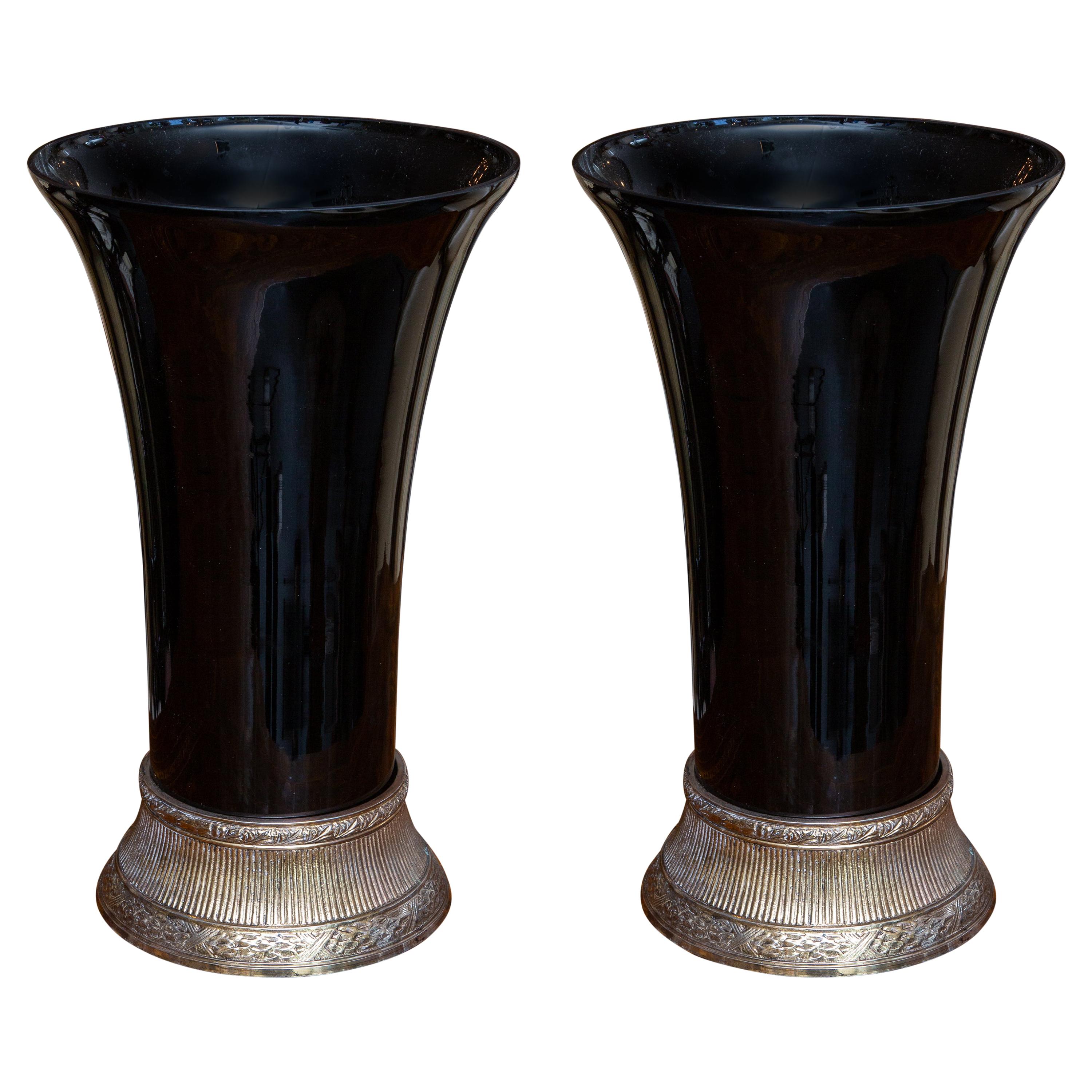Near-Pair of Art Deco Style Black Vases on Stand