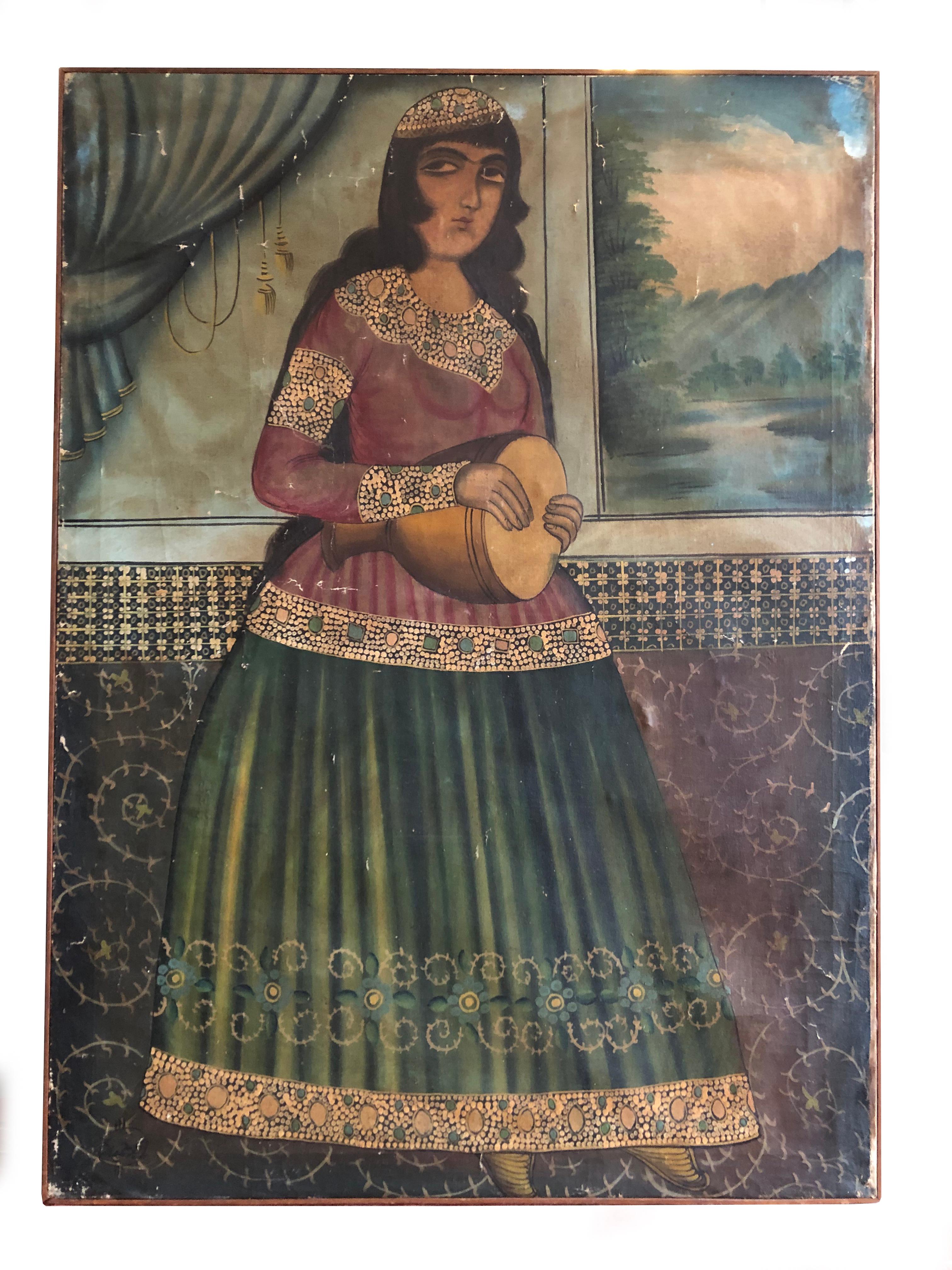A Near Pair of Large 19th Century Persian Qajar Portrait Paintings For Sale 2
