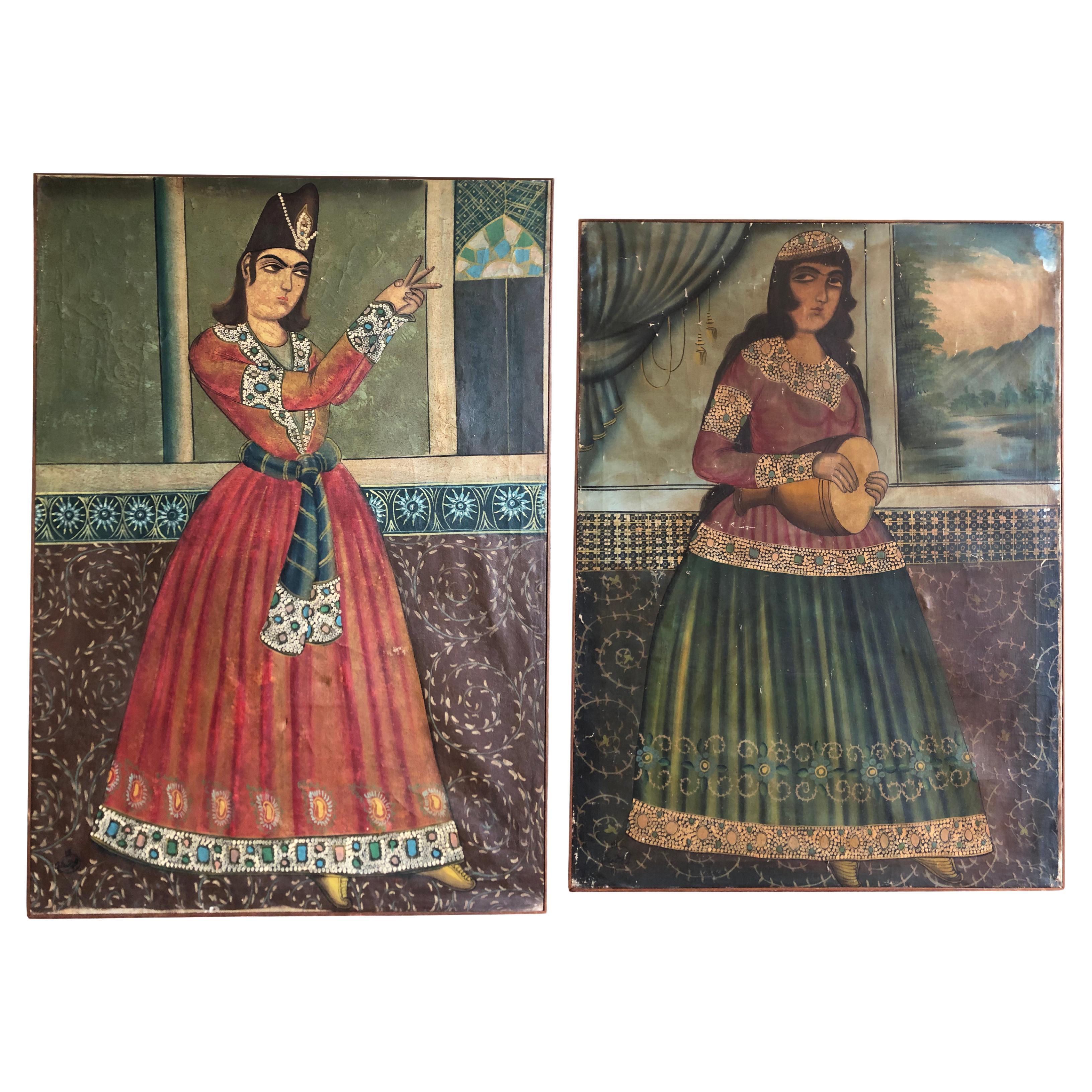A Near Pair of Large 19th Century Persian Qajar Portrait Paintings For Sale