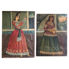 Paire de grands portraits persans Qajar du 19ème siècle