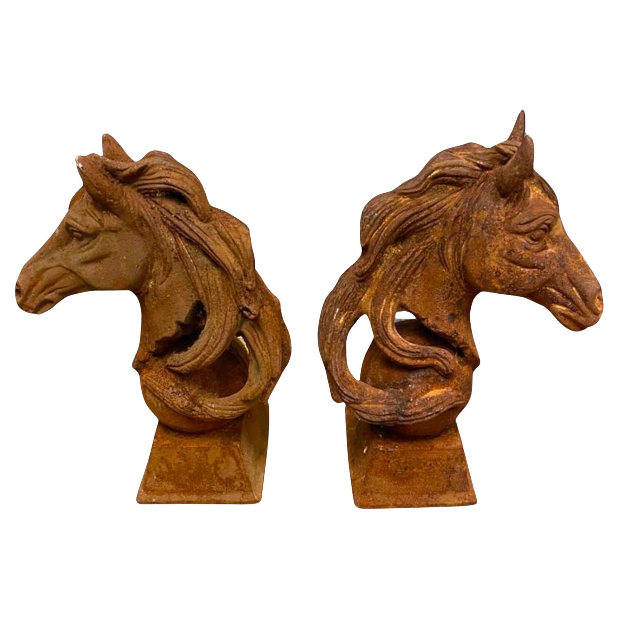 A Near Pair of Large Horse Heads in Cast Iron For Sale