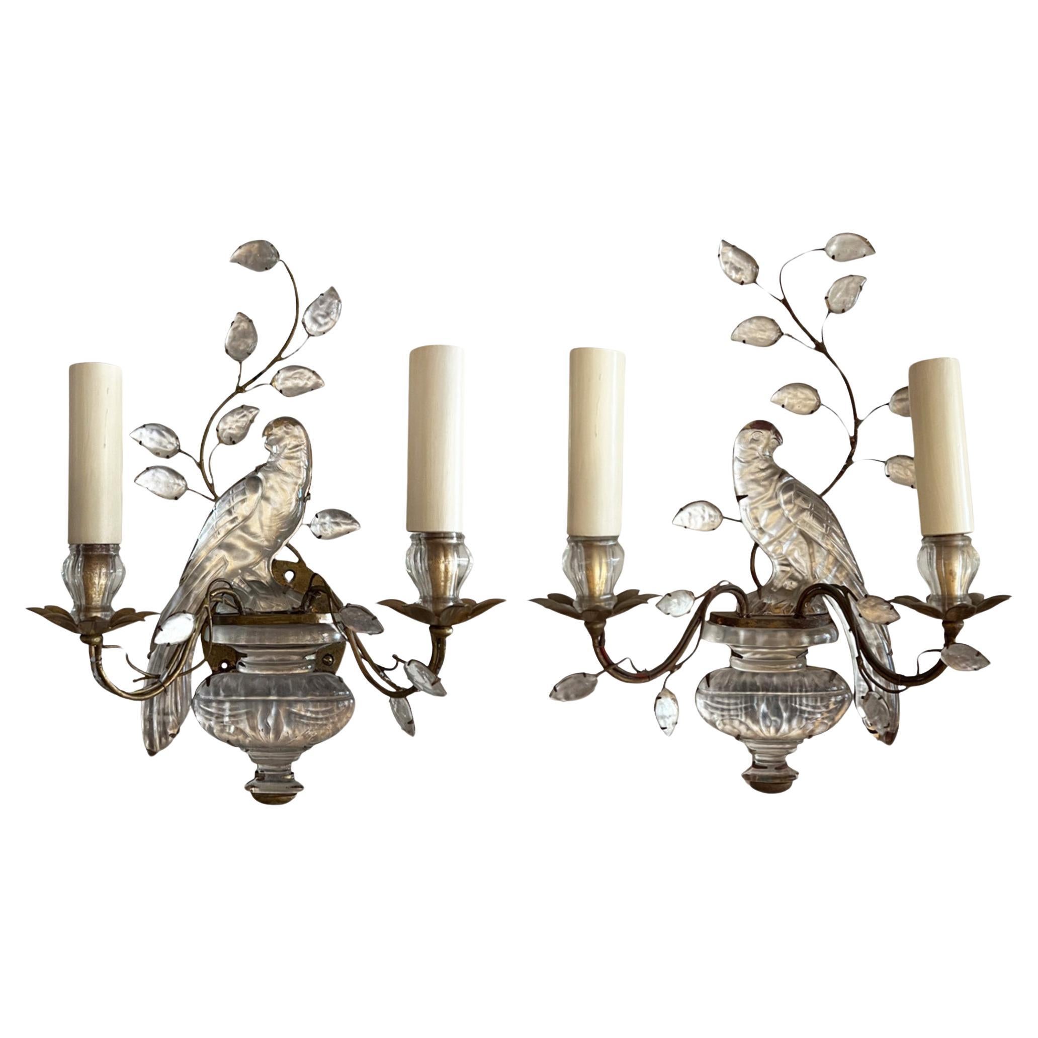 A Near Pair of Maison Baguès Wall Sconces With Urns and Parrots