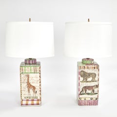 A Near Pair of  Safari Animal Porcelain Table Lamps by John Derian