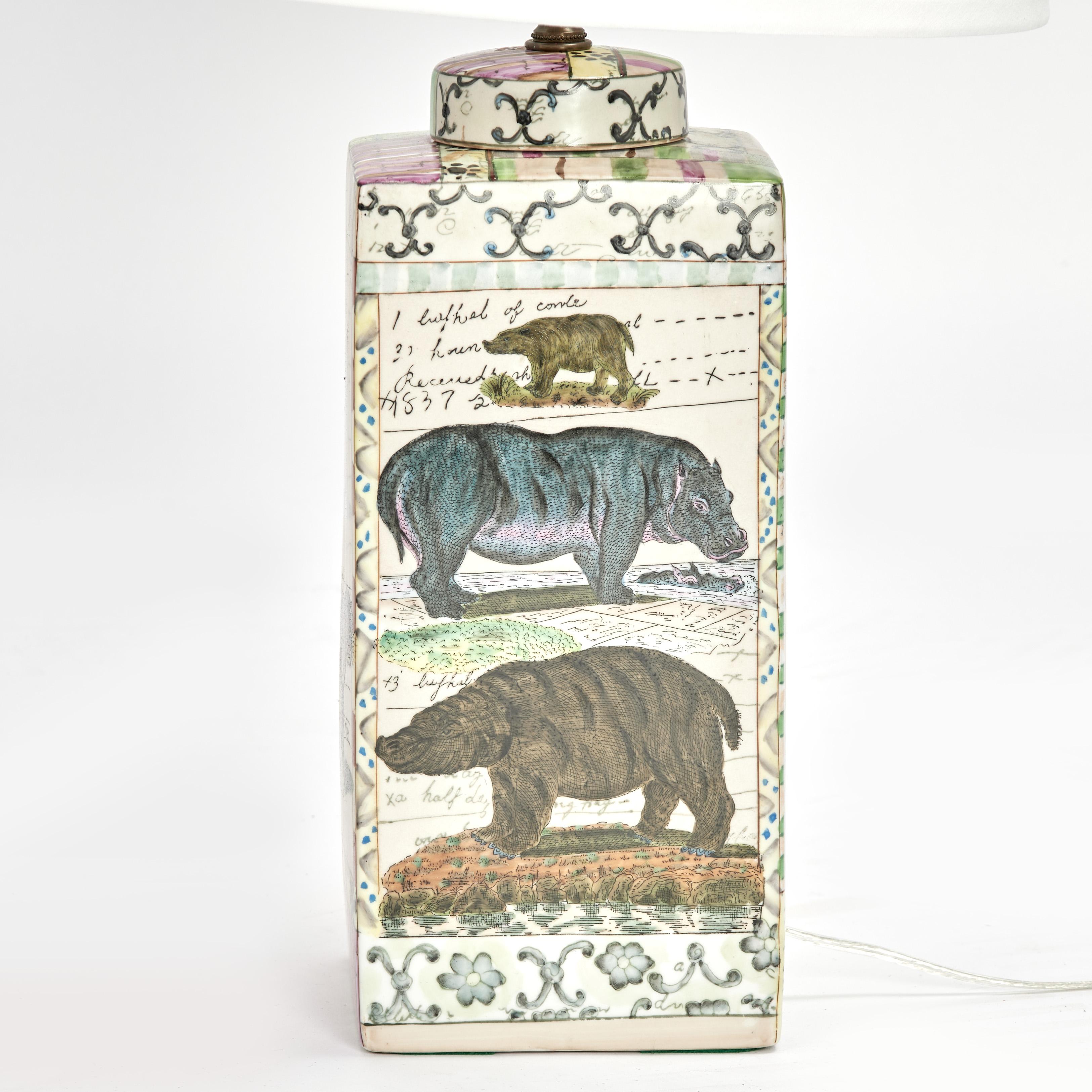 A Near Pair of  Safari Animal Porcelain Table Lamps by John Derian In Good Condition For Sale In Palm Beach, FL