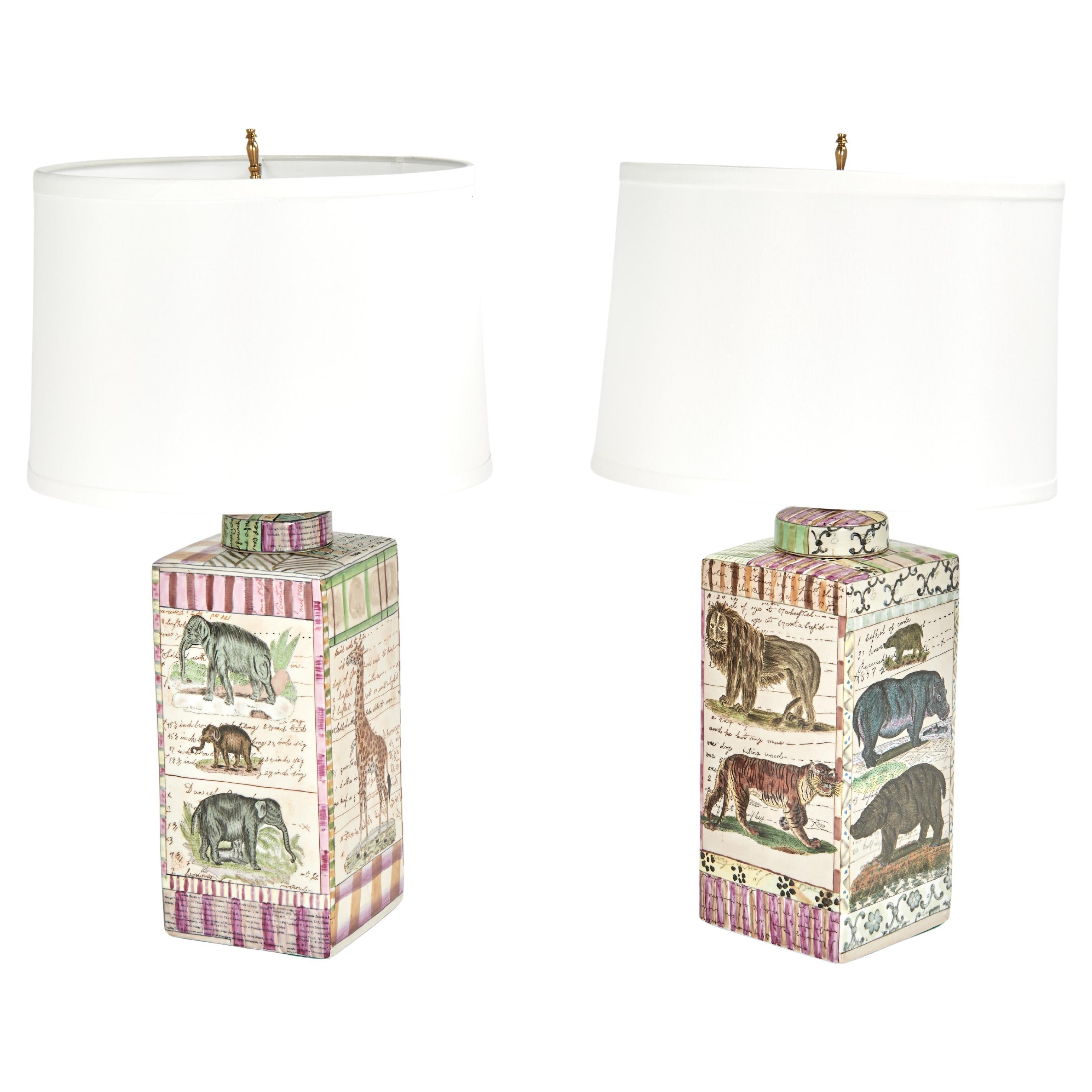 A Near Pair of  Safari Animal Porcelain Table Lamps by John Derian