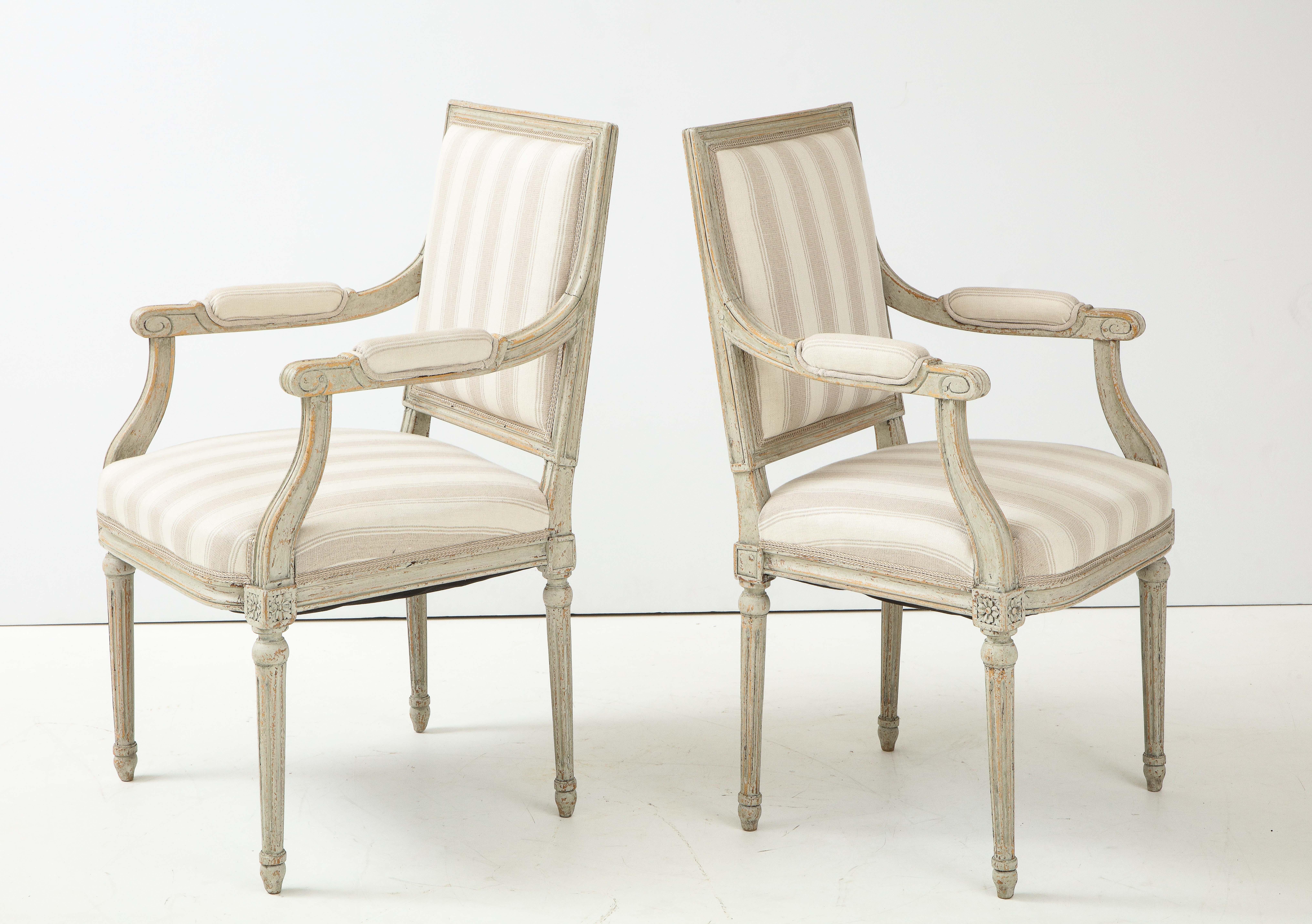 Near Pair of Swedish Late Gustavian Style Painted Open Armchairs, Circa 1870s 1