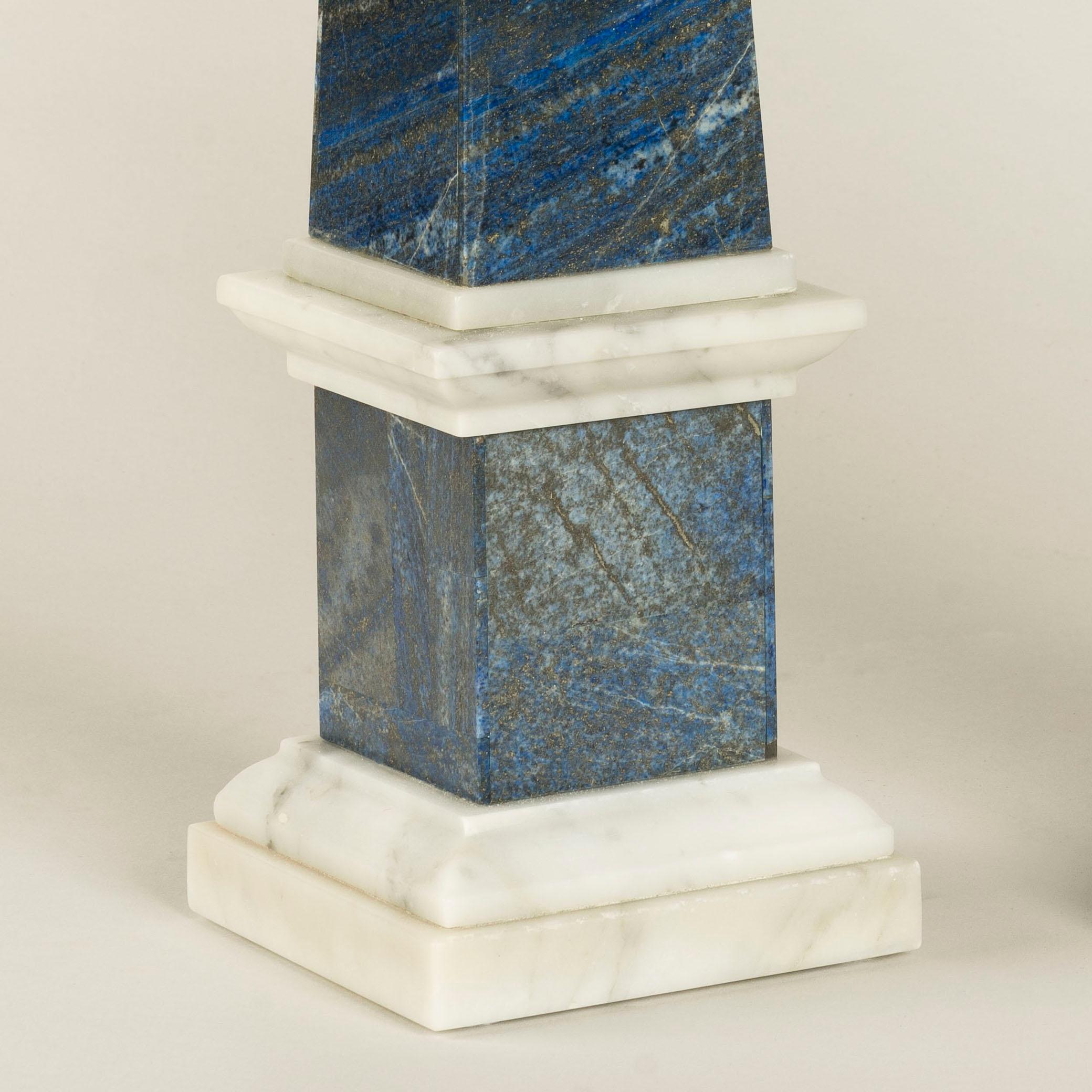 Hand-Carved A Near Pair of Venetian 19th Century Blue Lapis Lazuli and Marble Obelisks For Sale