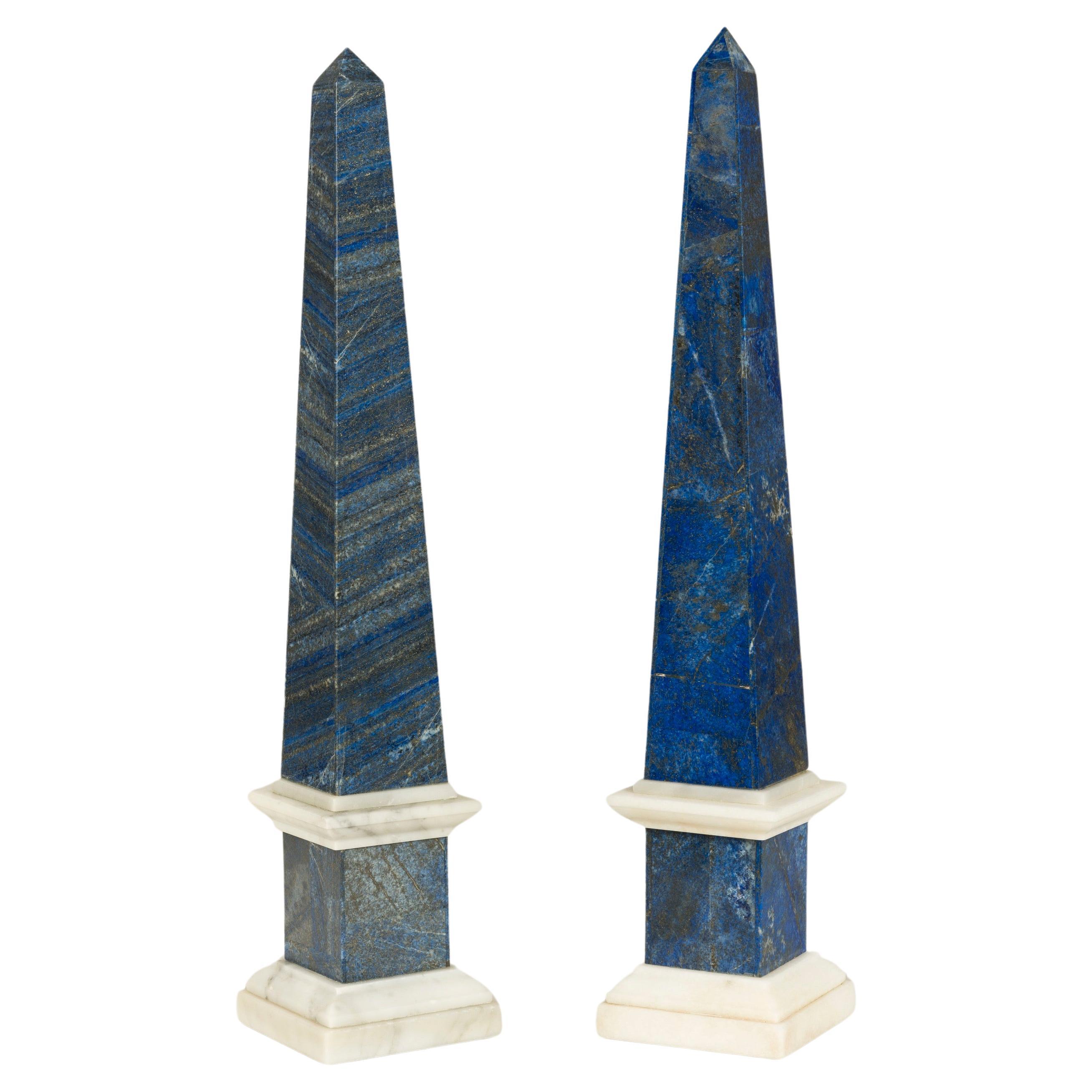 A Near Pair of Venetian 19th Century Blue Lapis Lazuli and Marble Obelisks For Sale