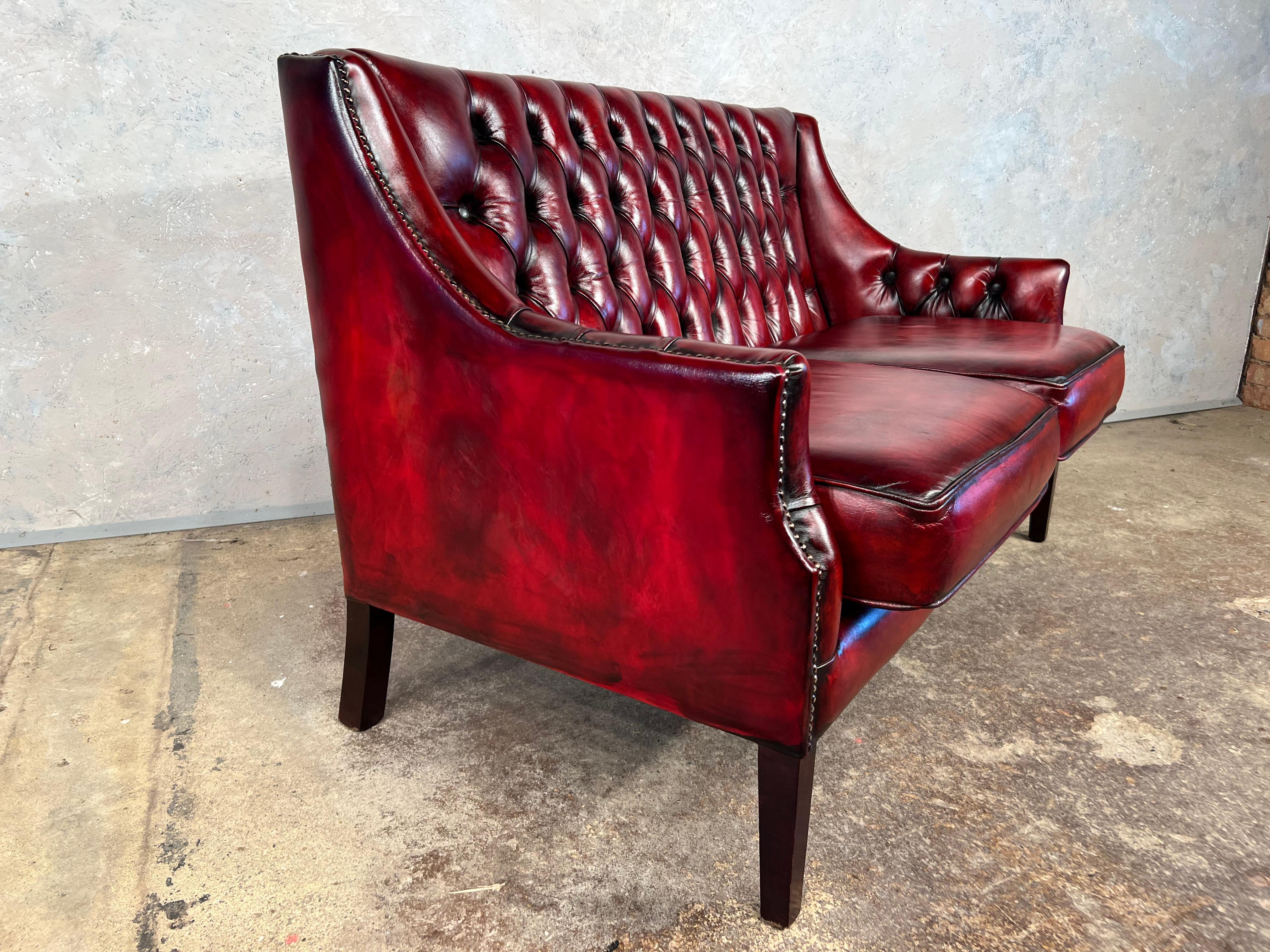 20th Century A Neat Mid C English Made Two Seater Chesterfield Sofa Hand dyed Deep Red #495 For Sale