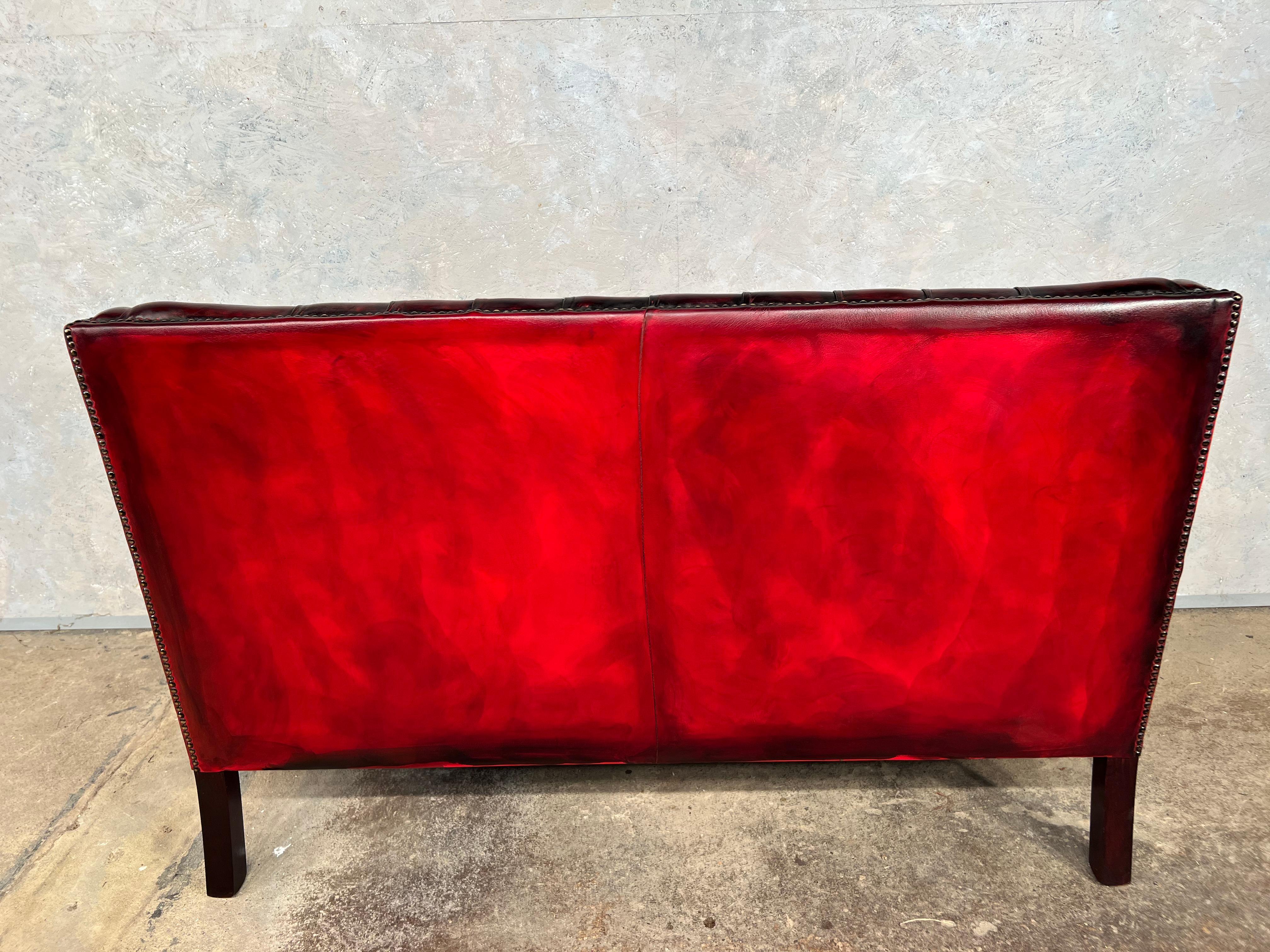 Leather A Neat Mid C English Made Two Seater Chesterfield Sofa Hand dyed Deep Red #495 For Sale