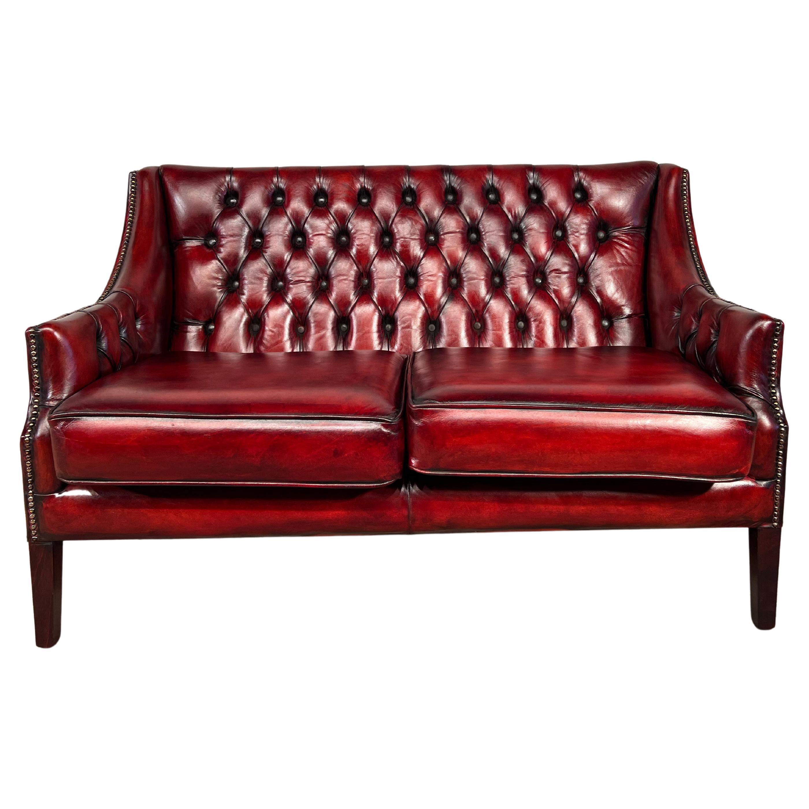 A Neat Mid C English Made Two Seater Chesterfield Sofa Hand dyed Deep Red #495