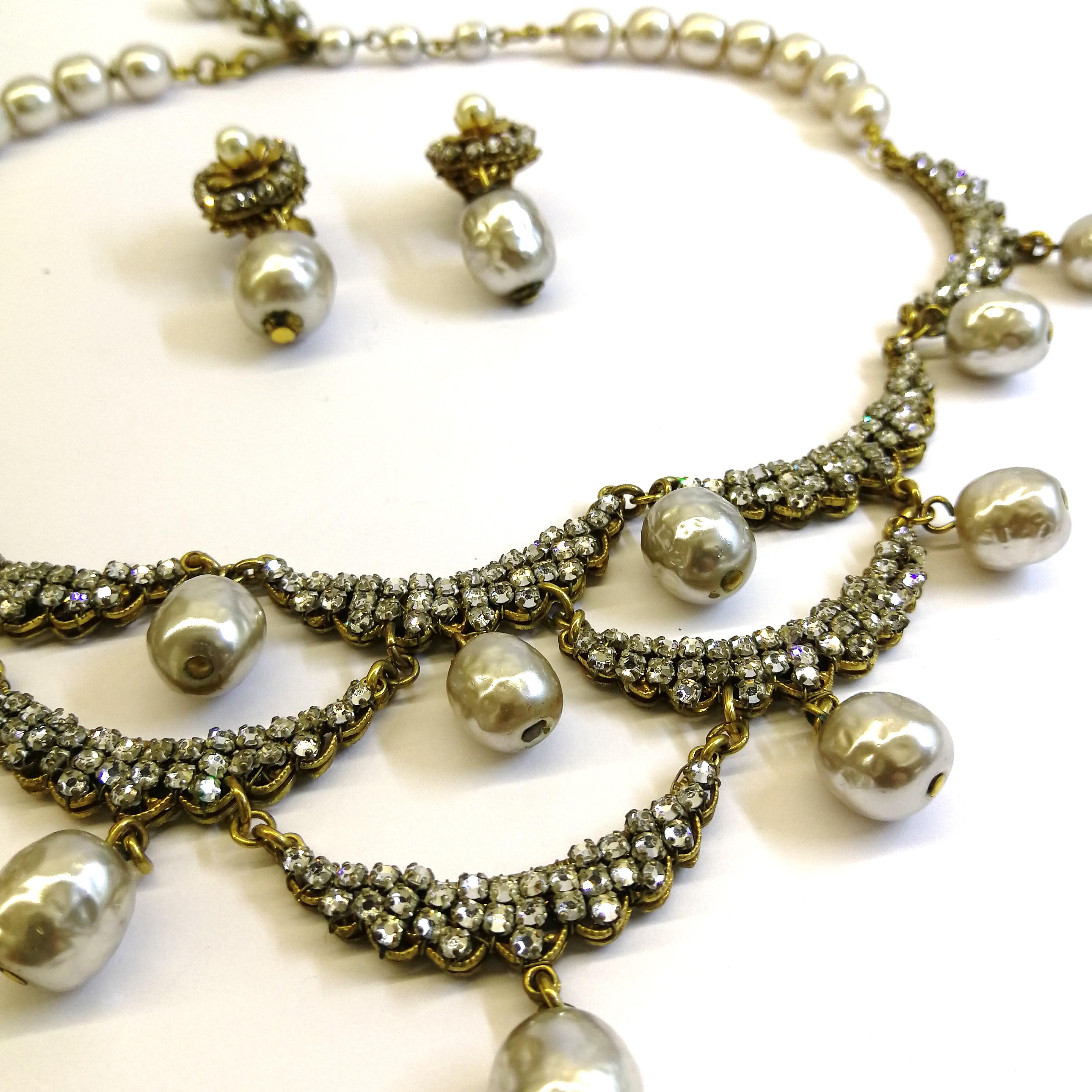 A necklace and earrings of gilded metal, paste and baroque pearl, Miriam Haskell In Excellent Condition In Greyabbey, County Down