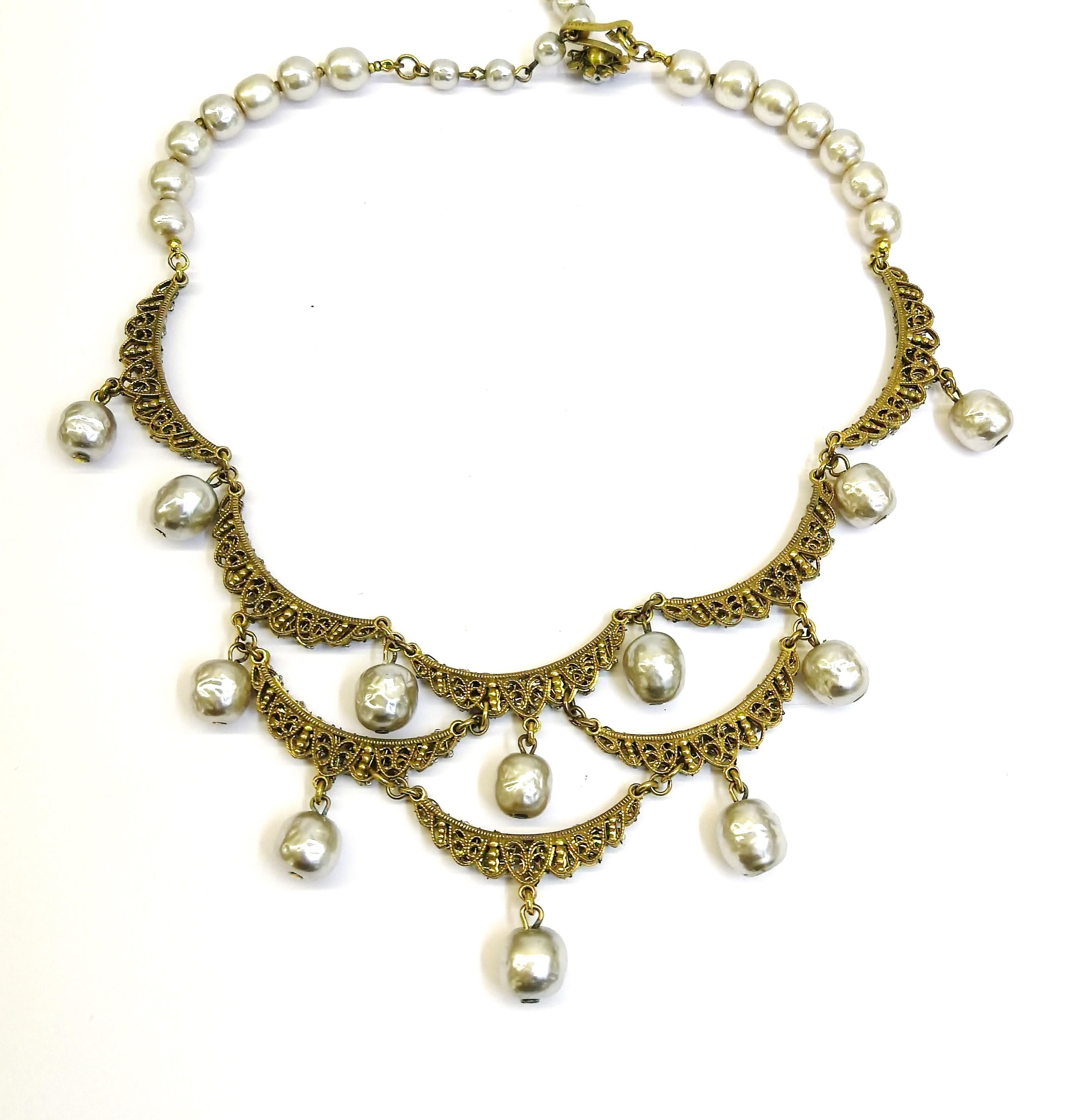 A necklace and earrings of gilded metal, paste and baroque pearl, Miriam Haskell 2