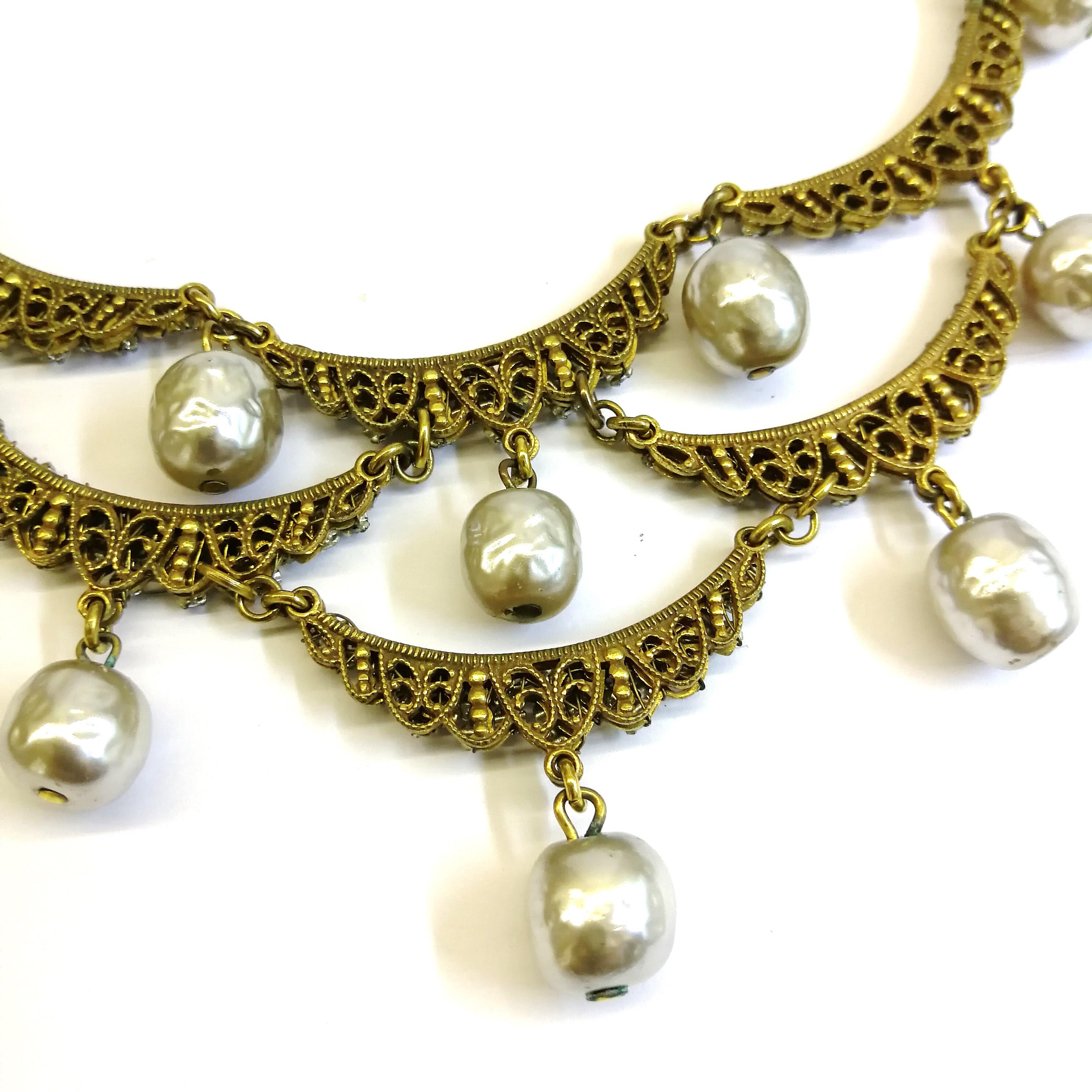 A necklace and earrings of gilded metal, paste and baroque pearl, Miriam Haskell 3