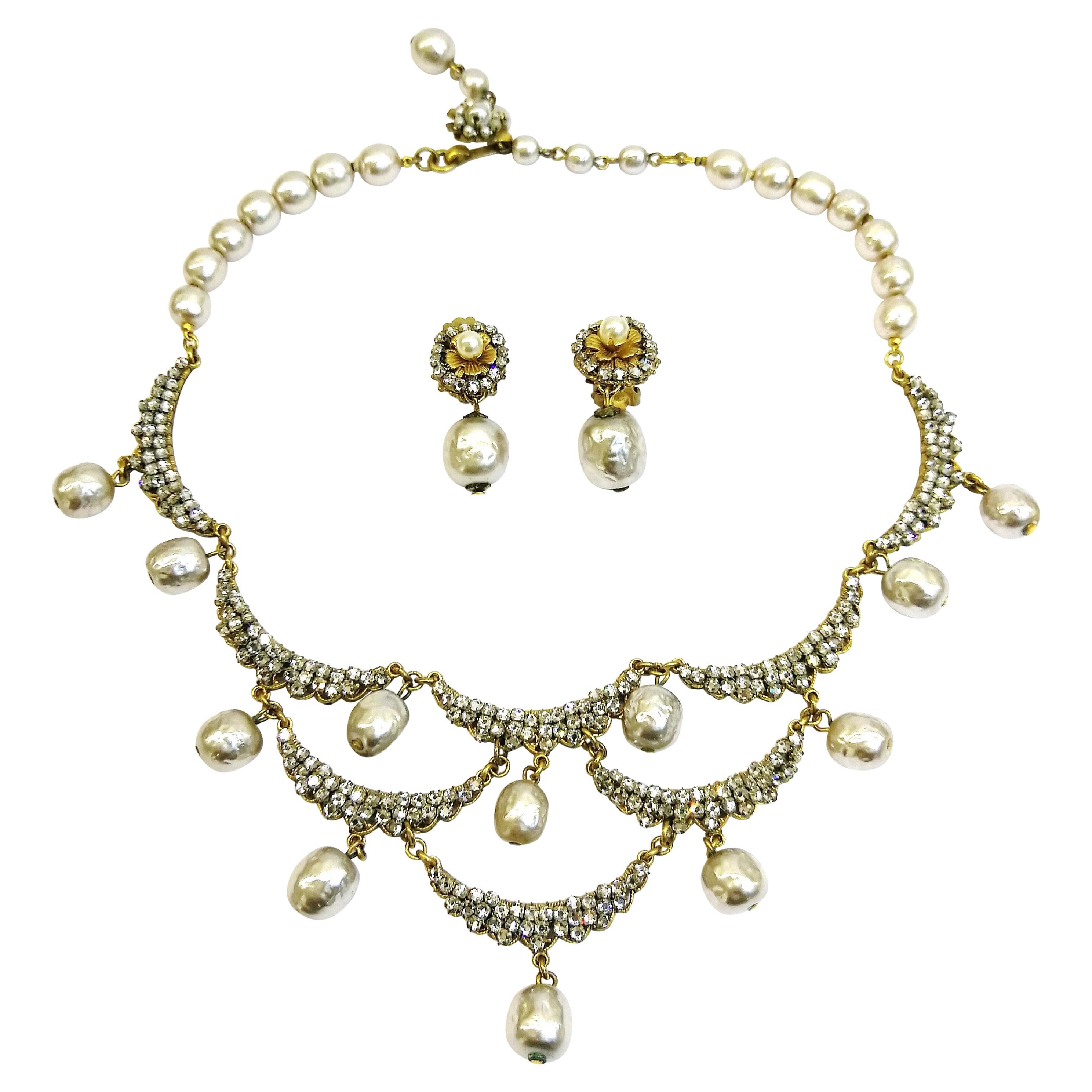 A necklace and earrings of gilded metal, paste and baroque pearl, Miriam Haskell