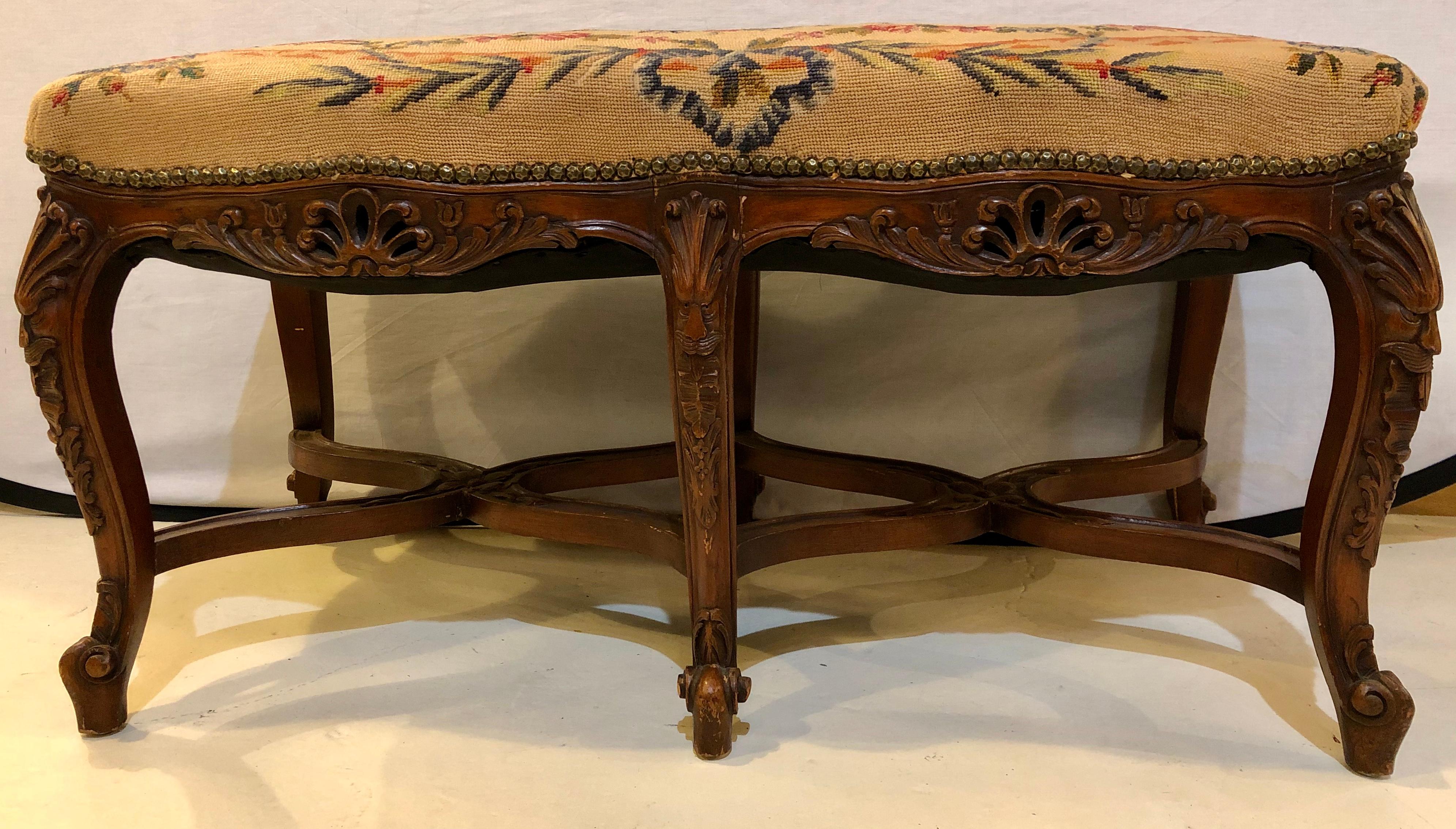 French Needlepoint Louis XV Style Window Bench or Footstool