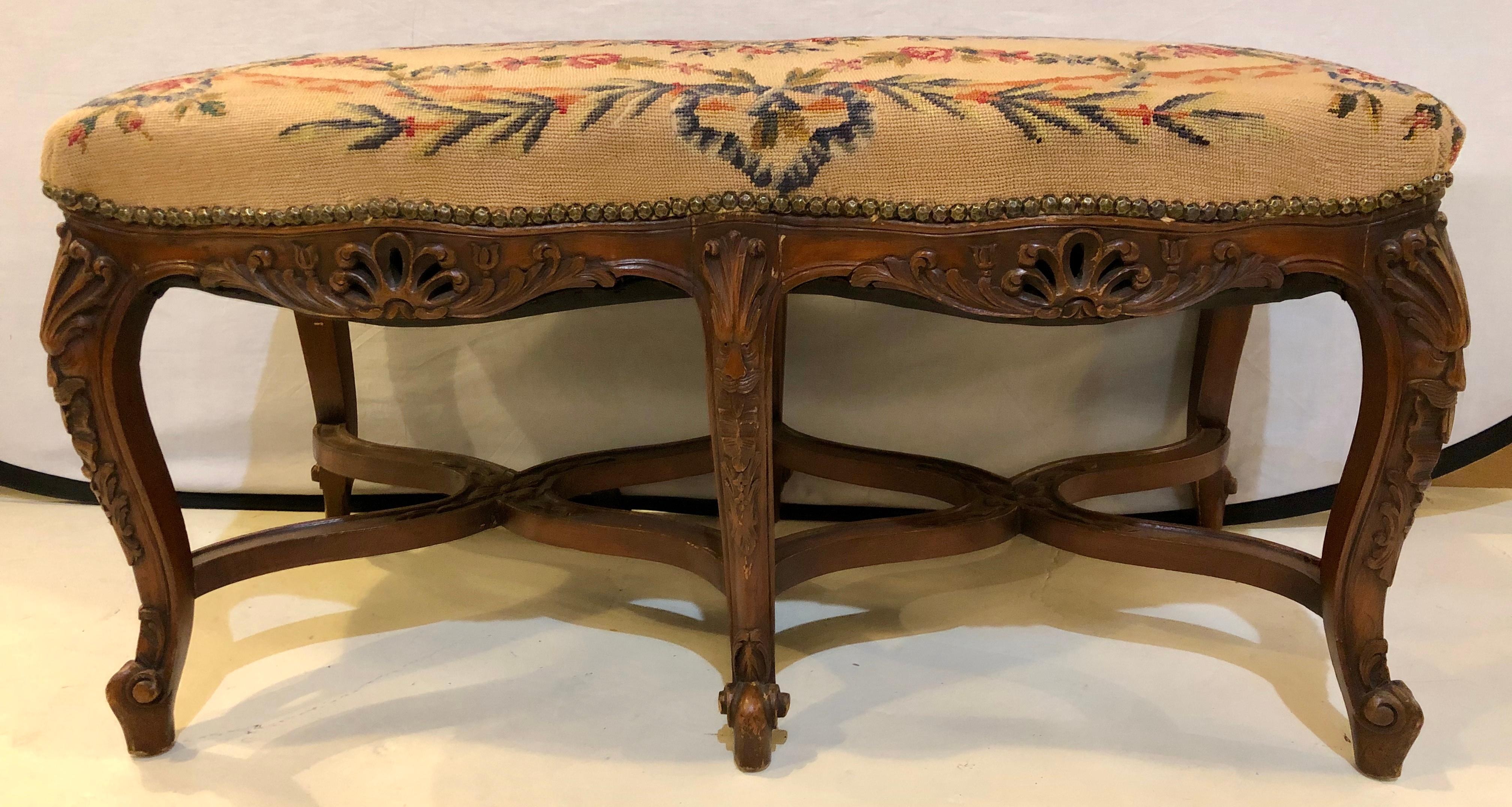 Needlepoint Louis XV Style Window Bench or Footstool In Good Condition In Stamford, CT