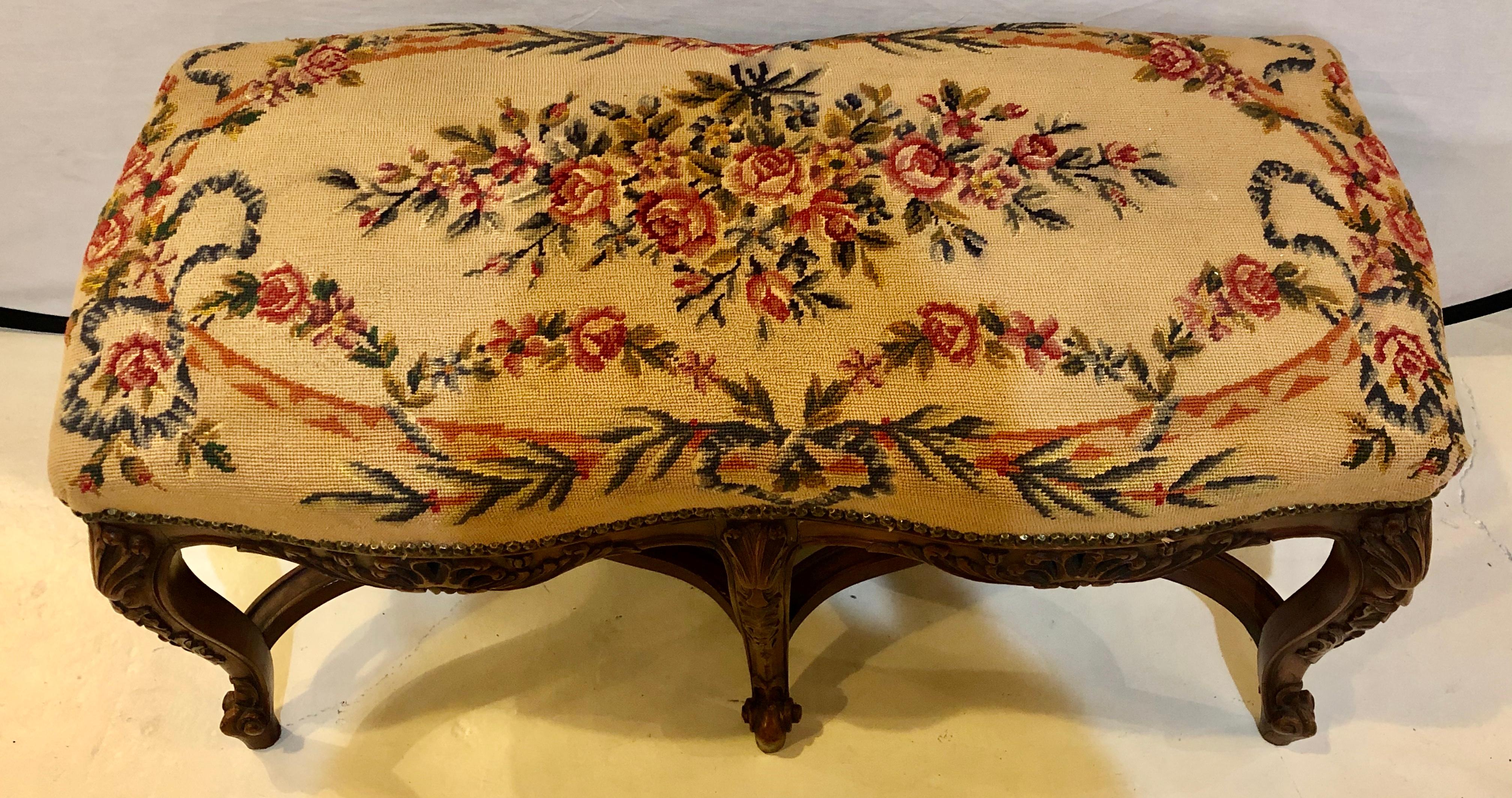 Mid-20th Century Needlepoint Louis XV Style Window Bench or Footstool